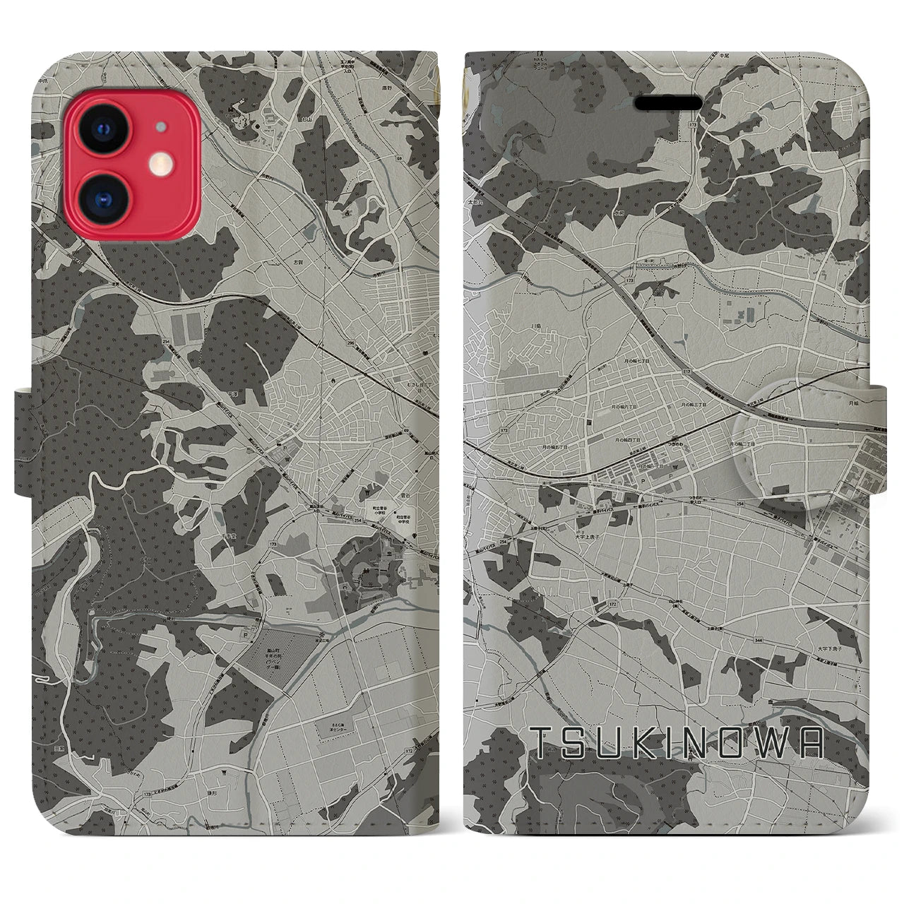 【つきのわ(埼玉県)】地図柄iPhoneケース(手帳タイプ)モノトーン・iPhone 11 用