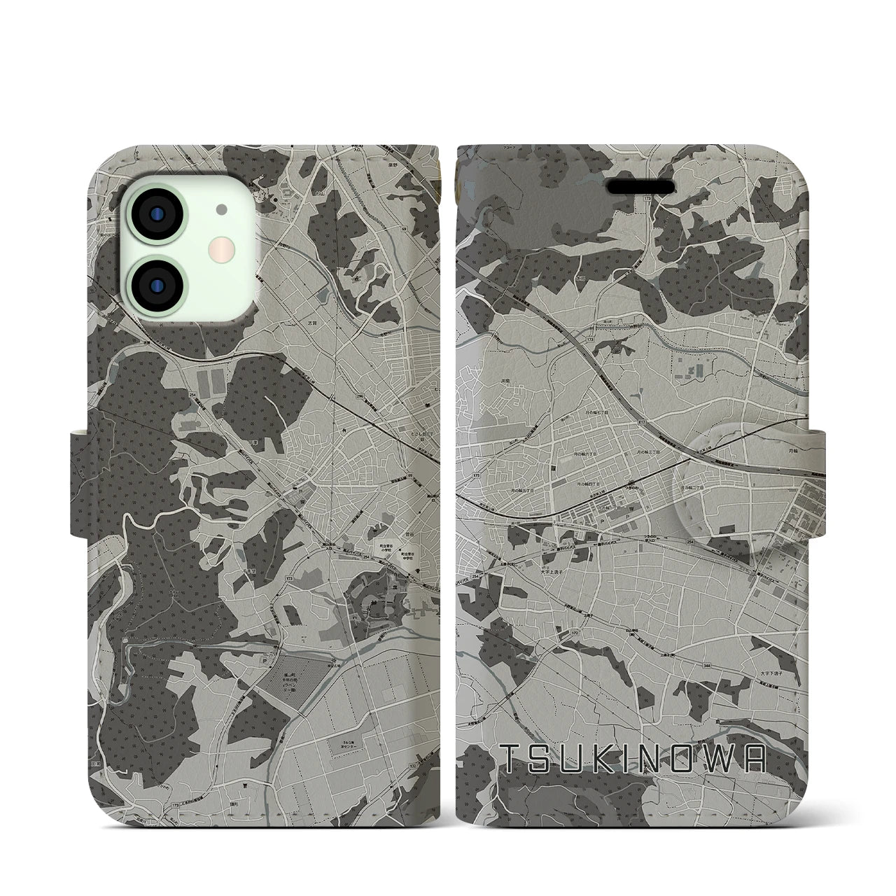 【つきのわ(埼玉県)】地図柄iPhoneケース(手帳タイプ)モノトーン・iPhone 12 mini 用