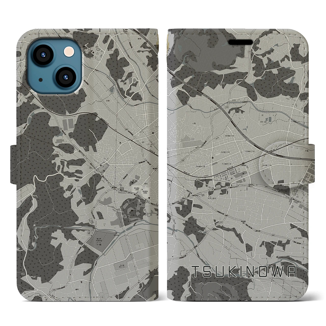 【つきのわ(埼玉県)】地図柄iPhoneケース(手帳タイプ)モノトーン・iPhone 13 用