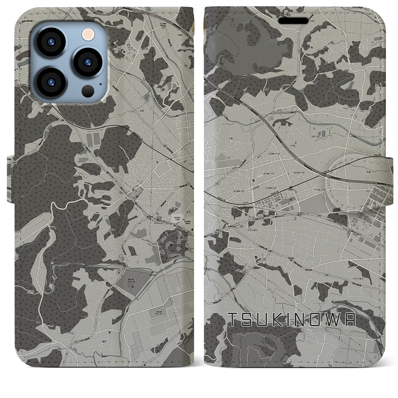 【つきのわ(埼玉県)】地図柄iPhoneケース(手帳タイプ)モノトーン・iPhone 13 Pro Max 用