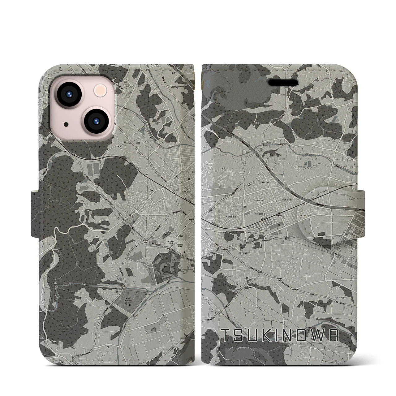 【つきのわ(埼玉県)】地図柄iPhoneケース(手帳タイプ)モノトーン・iPhone 13 mini 用