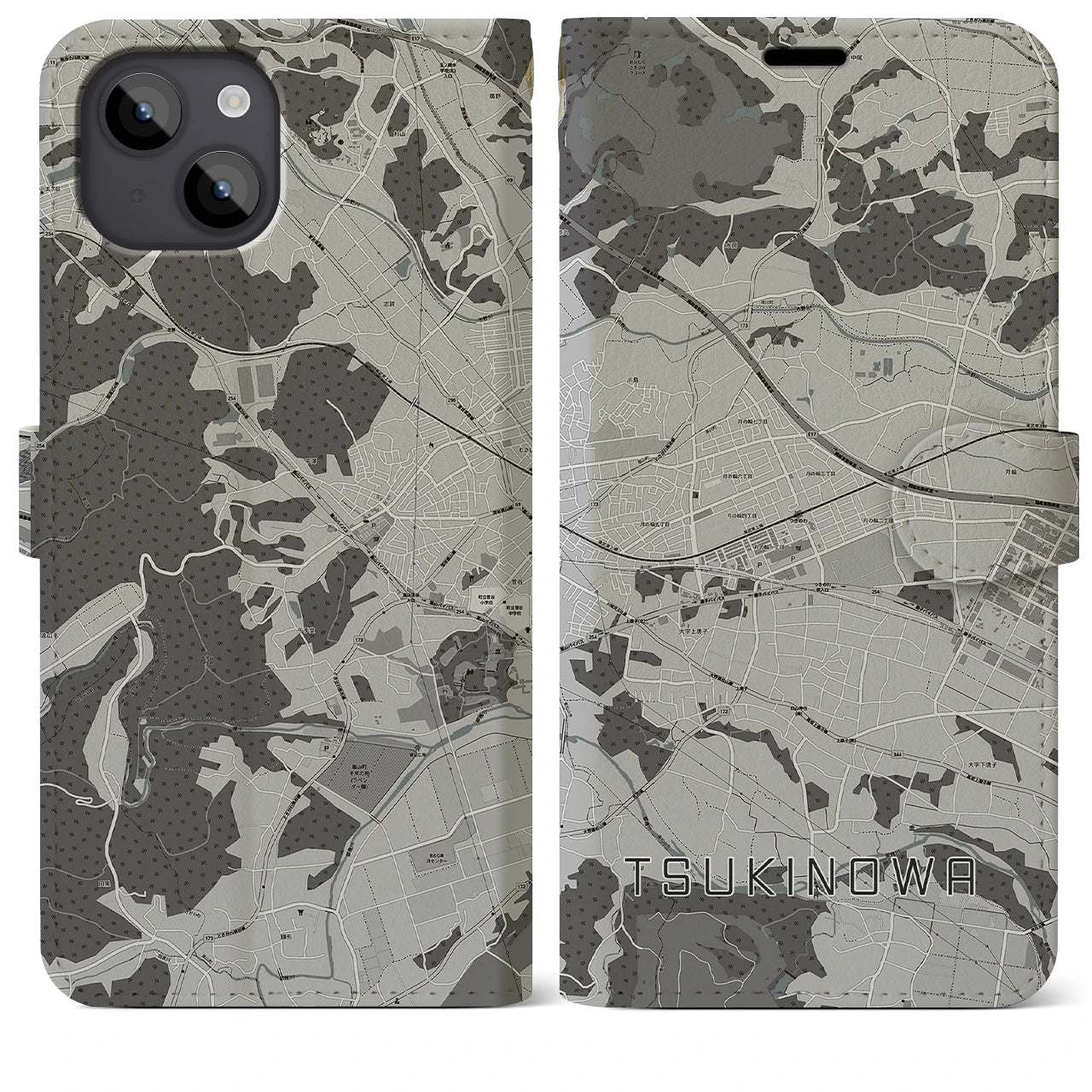 【つきのわ(埼玉県)】地図柄iPhoneケース(手帳タイプ)モノトーン・iPhone 14 Plus 用