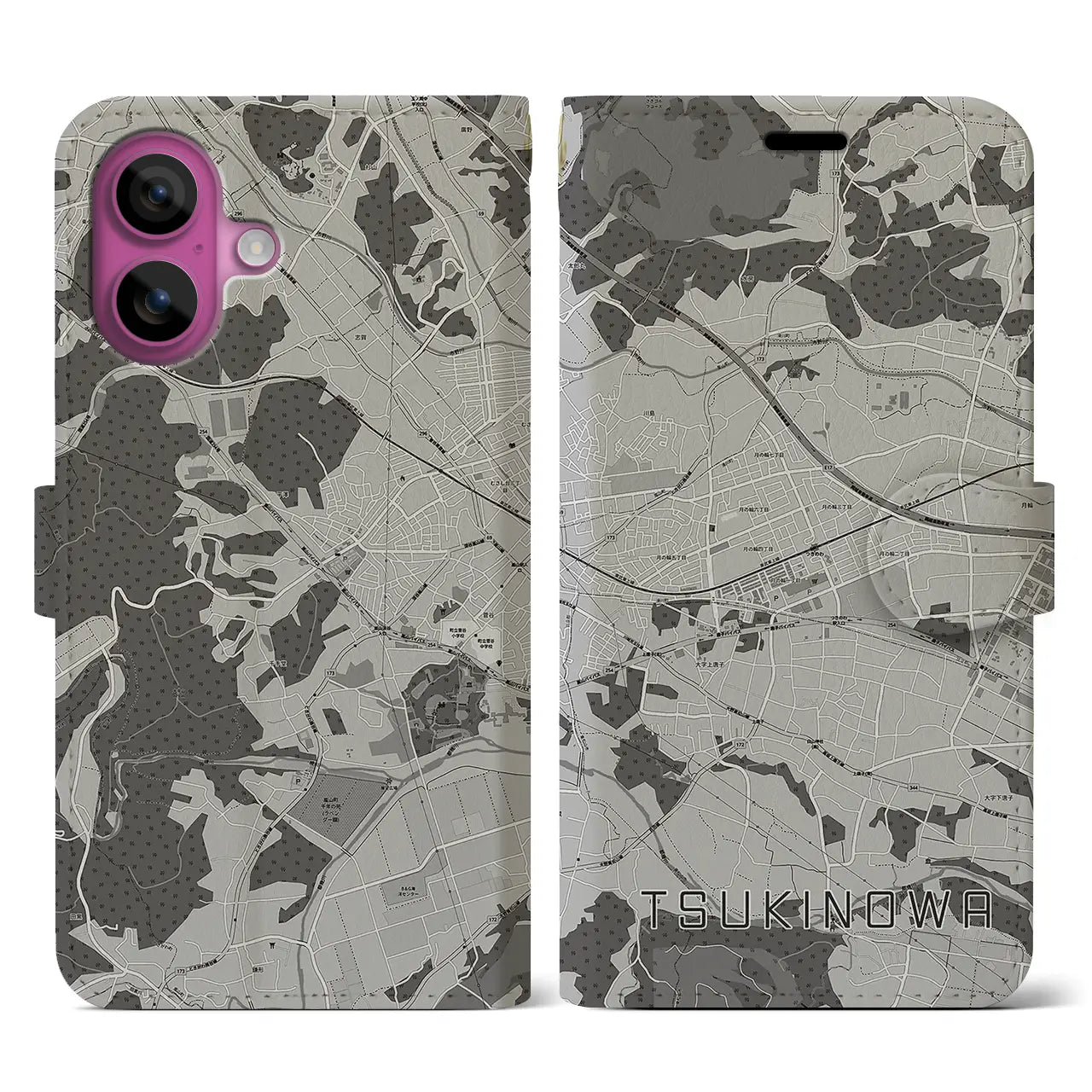 【つきのわ(埼玉県)】地図柄iPhoneケース(手帳タイプ)モノトーン・iPhone 16 Pro 用