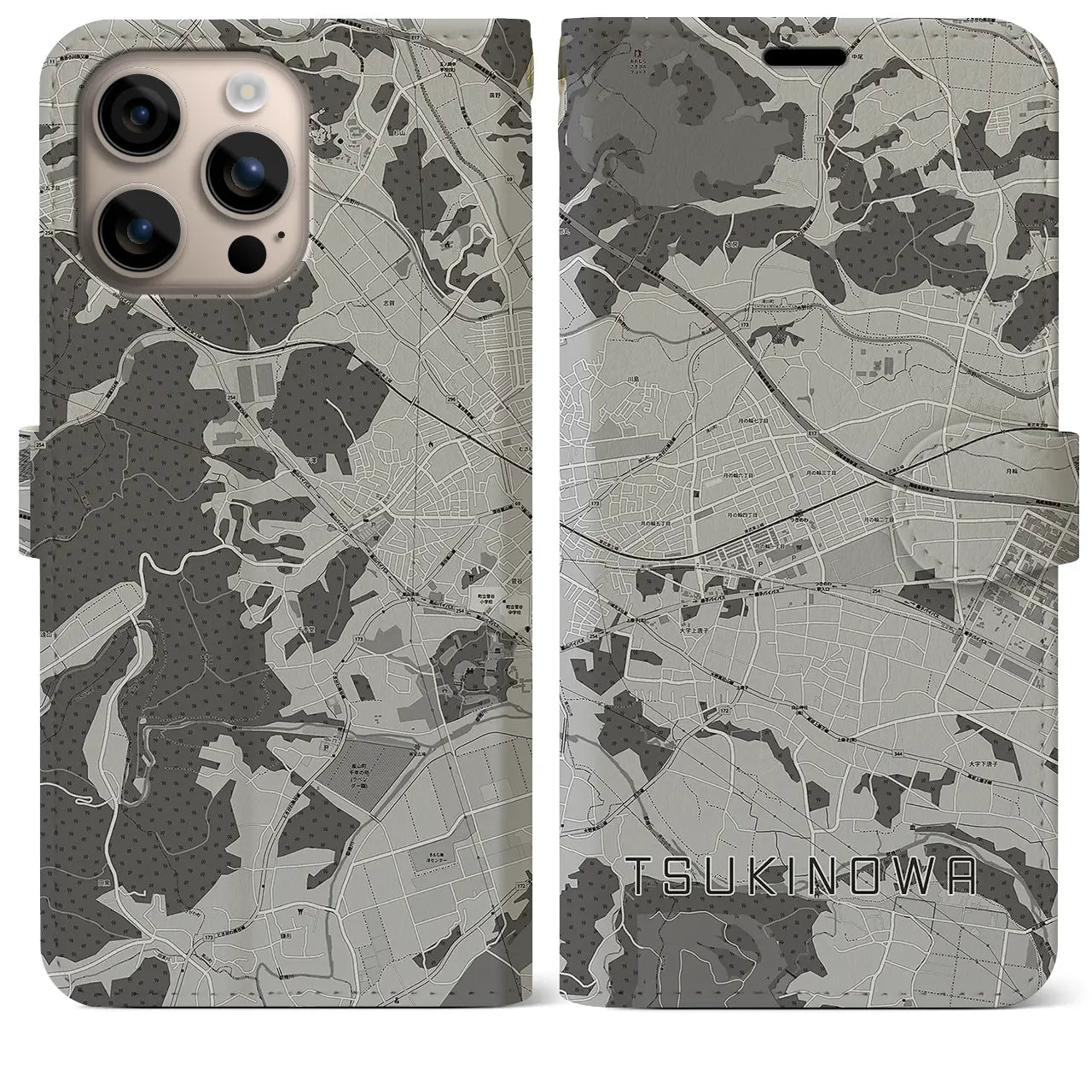 【つきのわ(埼玉県)】地図柄iPhoneケース(手帳タイプ)モノトーン・iPhone 16 Plus 用