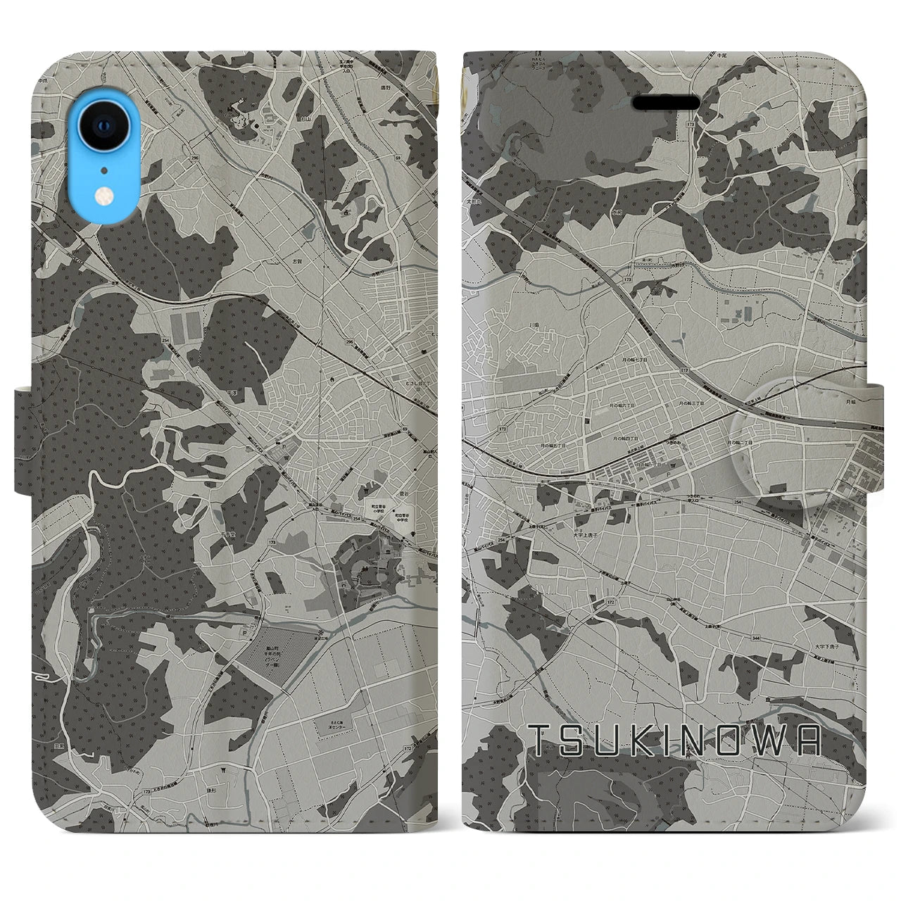 【つきのわ(埼玉県)】地図柄iPhoneケース(手帳タイプ)モノトーン・iPhone XR 用