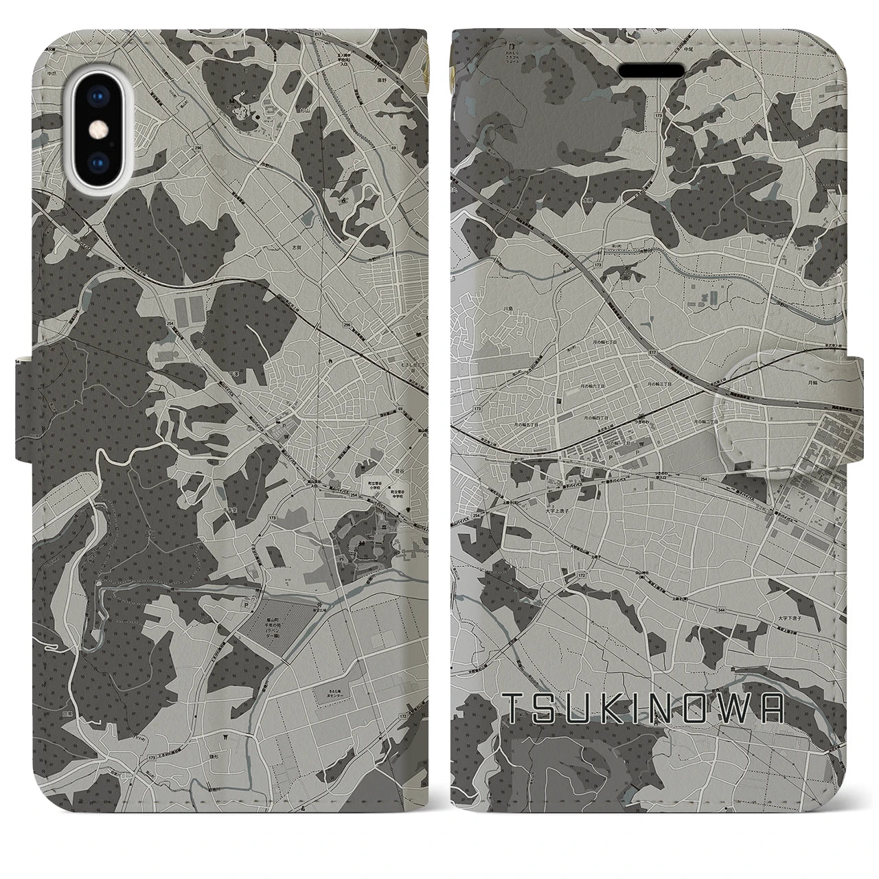 【つきのわ(埼玉県)】地図柄iPhoneケース(手帳タイプ)モノトーン・iPhone XS Max 用