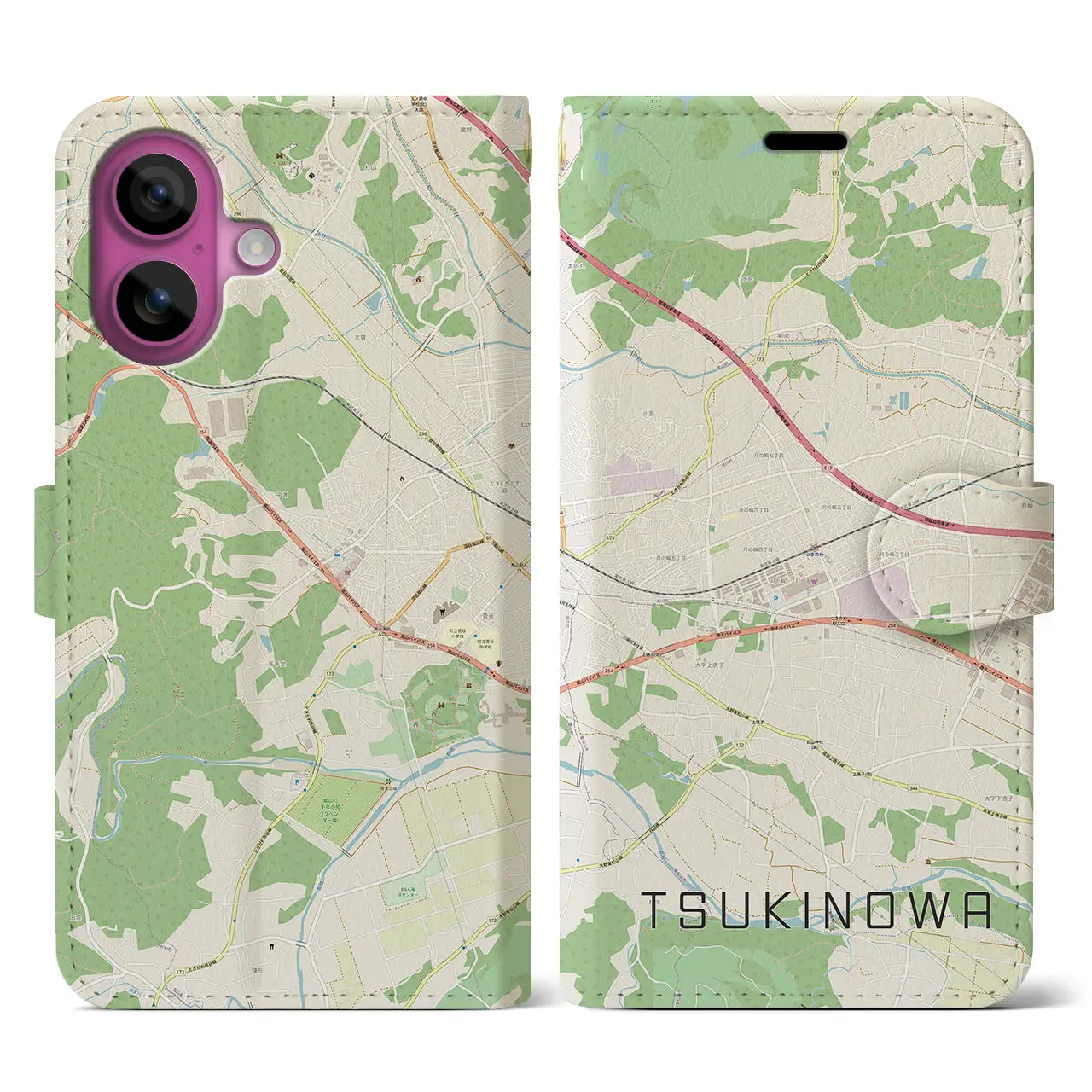 【つきのわ(埼玉県)】地図柄iPhoneケース(手帳タイプ)ナチュラル・iPhone 16 Pro 用