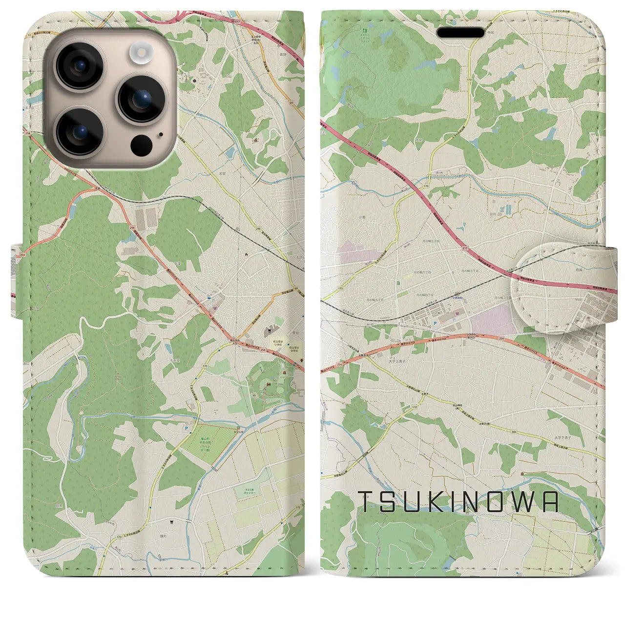 【つきのわ(埼玉県)】地図柄iPhoneケース(手帳タイプ)ナチュラル・iPhone 16 Plus 用