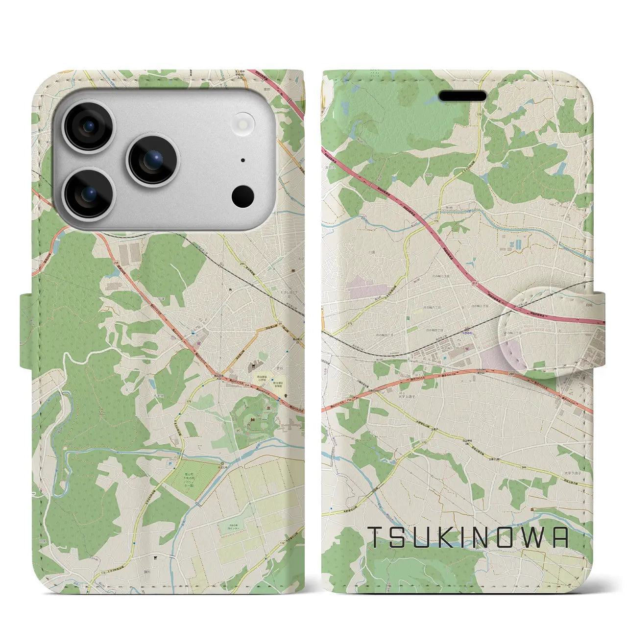 【つきのわ(埼玉県)】地図柄iPhoneケース(手帳タイプ)モノトーン・iPhone 17 Pro Max 用