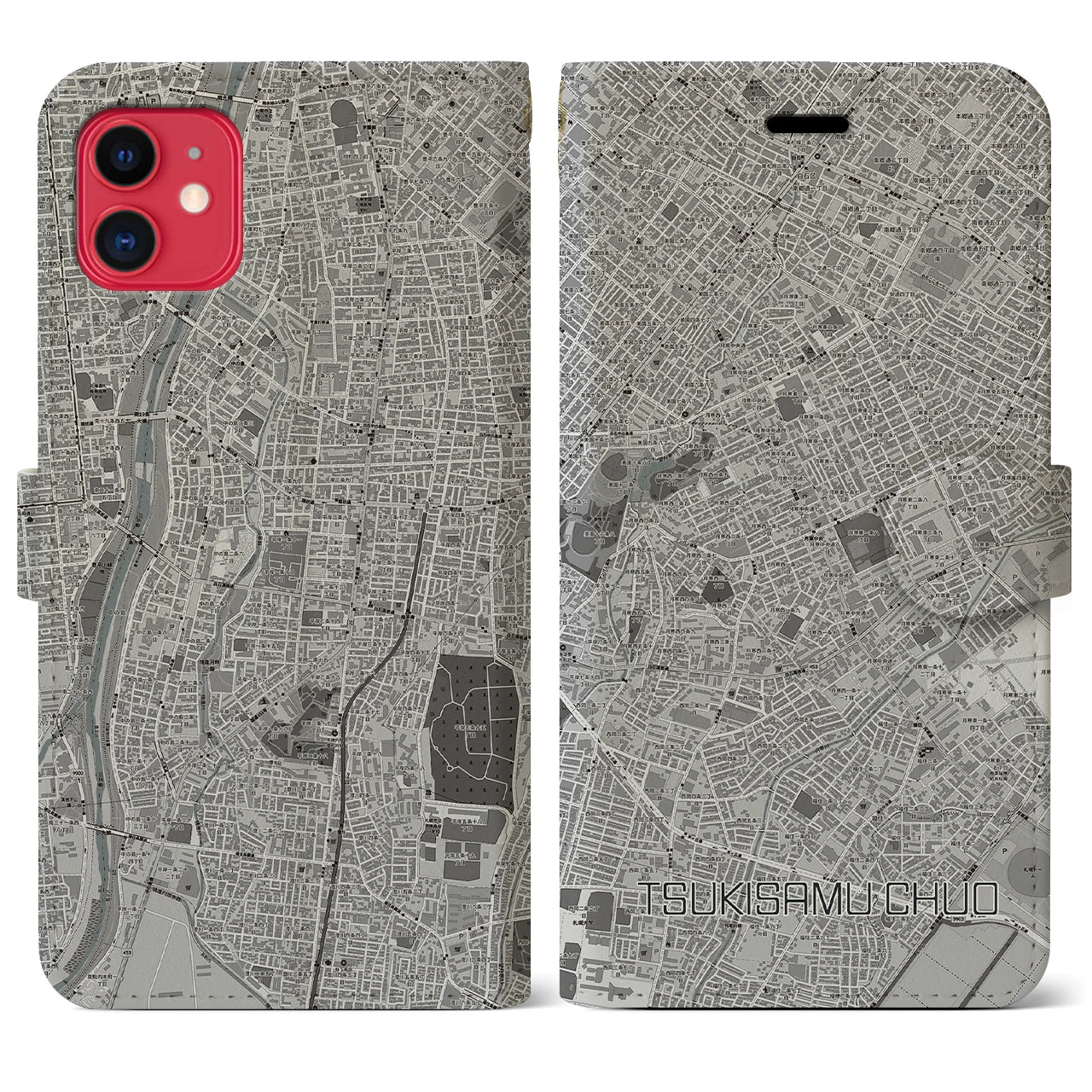 【月寒中央(北海道)】地図柄iPhoneケース(手帳タイプ)モノトーン・iPhone 11 用