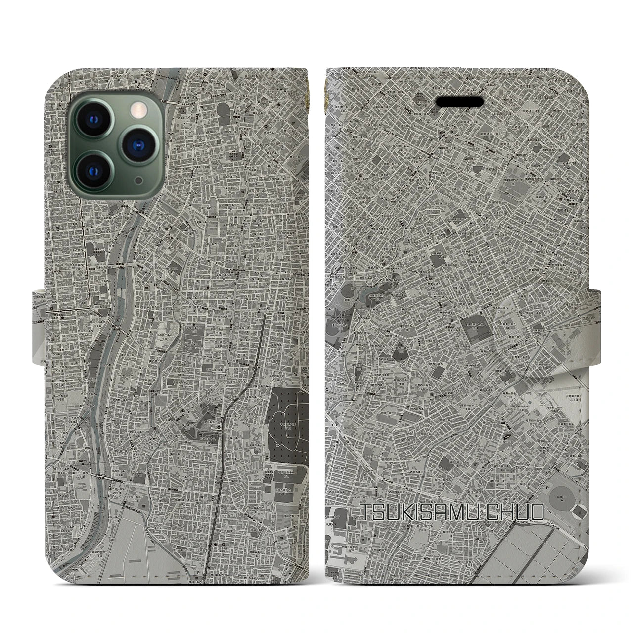 【月寒中央(北海道)】地図柄iPhoneケース(手帳タイプ)モノトーン・iPhone 11 Pro 用