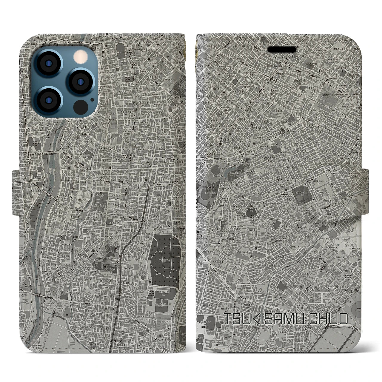 【月寒中央(北海道)】地図柄iPhoneケース(手帳タイプ)モノトーン・iPhone 12 / 12 Pro 用