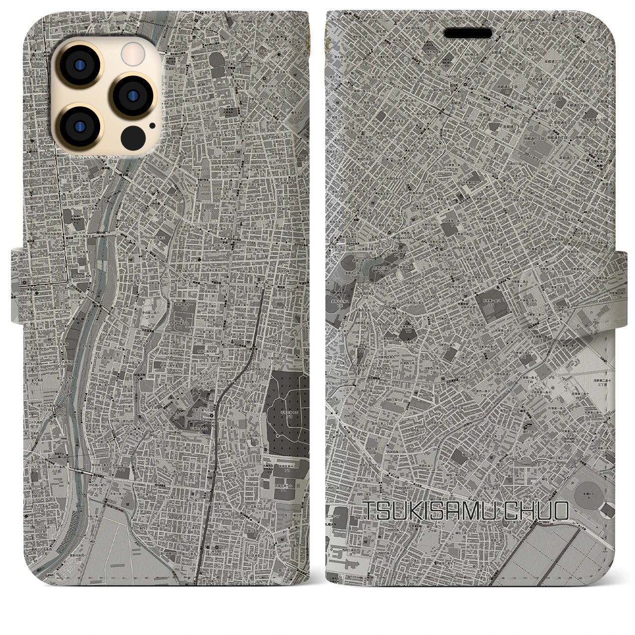 【月寒中央(北海道)】地図柄iPhoneケース(手帳タイプ)モノトーン・iPhone 12 Pro Max 用