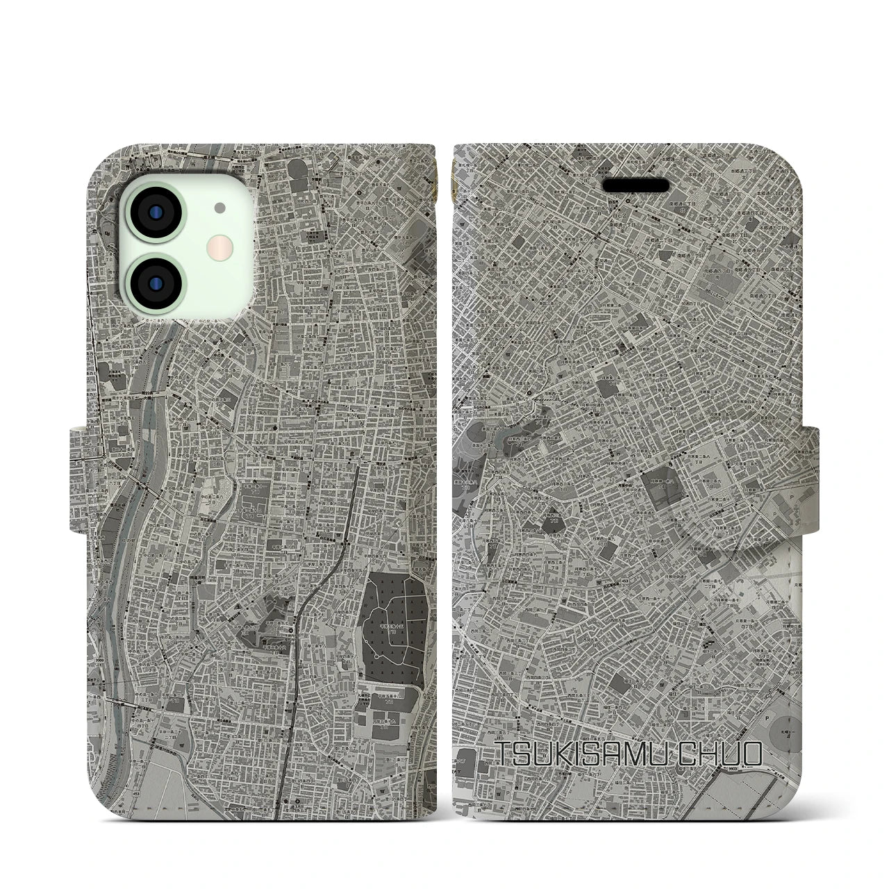 【月寒中央(北海道)】地図柄iPhoneケース(手帳タイプ)モノトーン・iPhone 12 mini 用