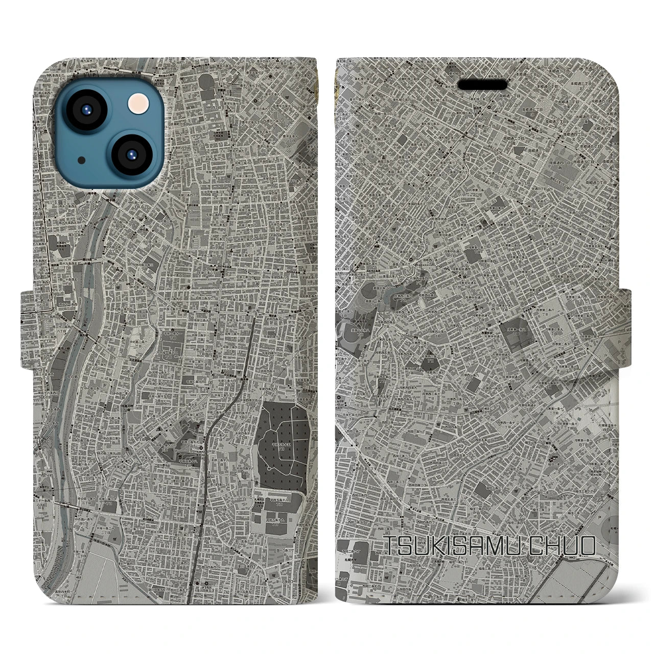 【月寒中央(北海道)】地図柄iPhoneケース(手帳タイプ)モノトーン・iPhone 13 用