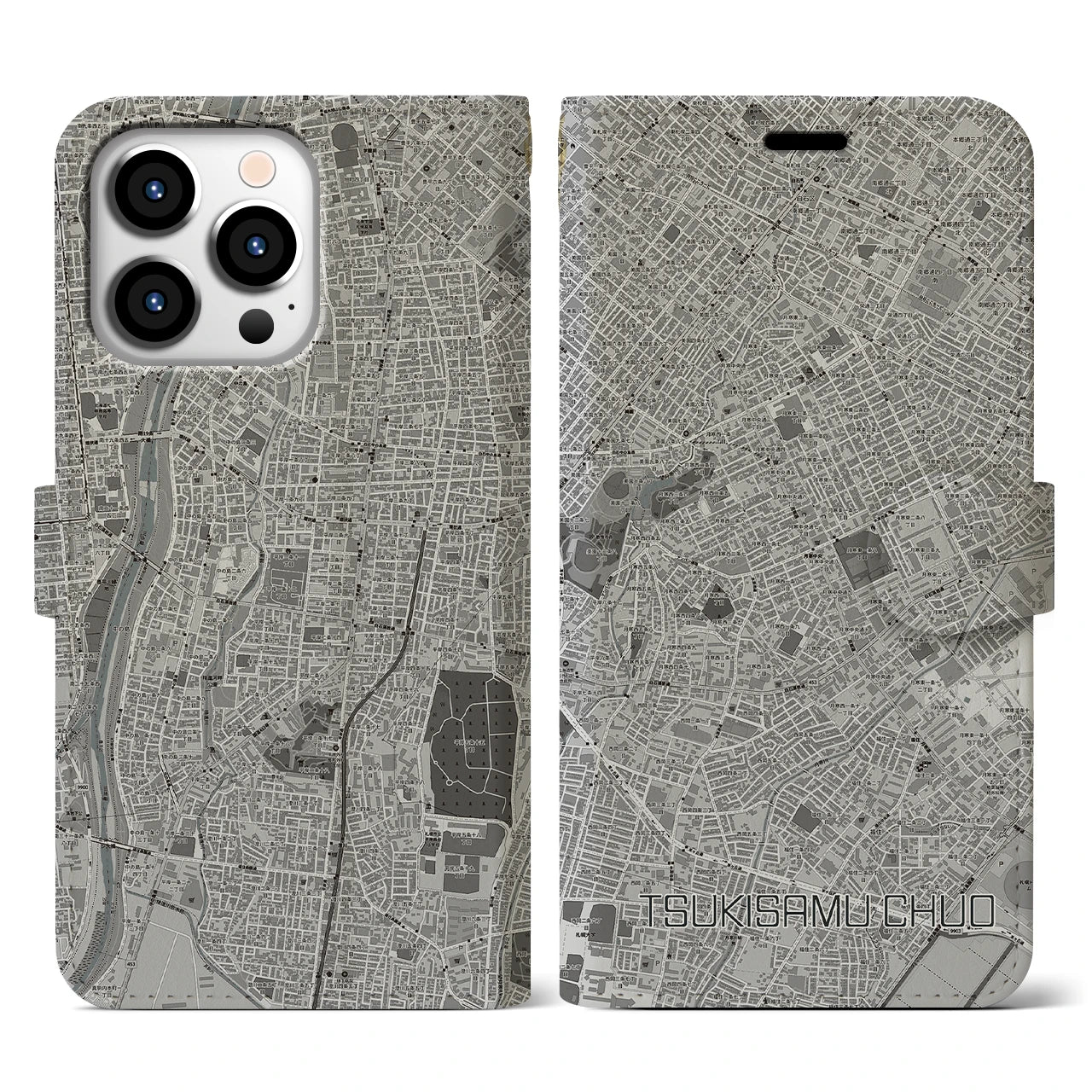 【月寒中央(北海道)】地図柄iPhoneケース(手帳タイプ)モノトーン・iPhone 13 Pro 用