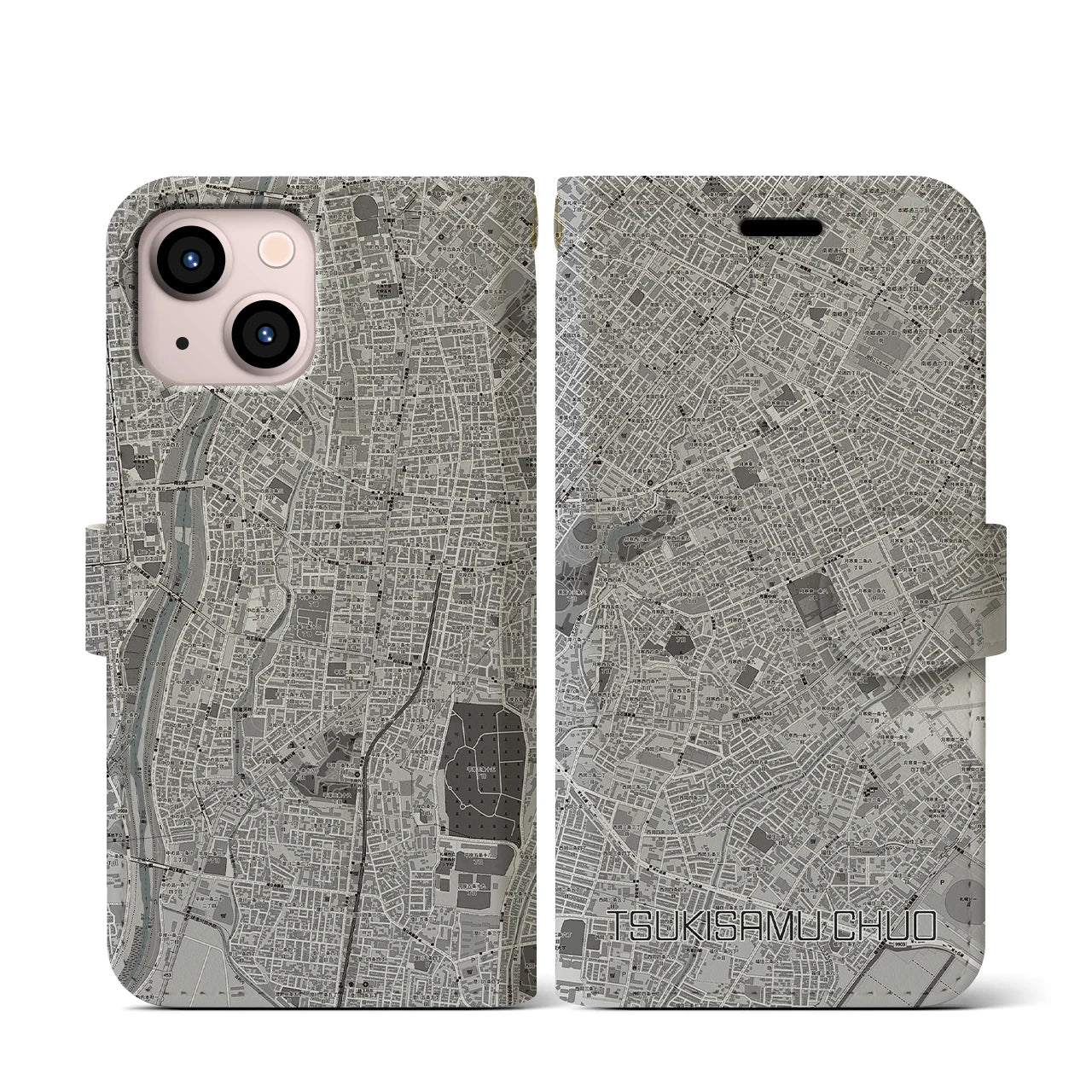 【月寒中央(北海道)】地図柄iPhoneケース(手帳タイプ)モノトーン・iPhone 13 mini 用