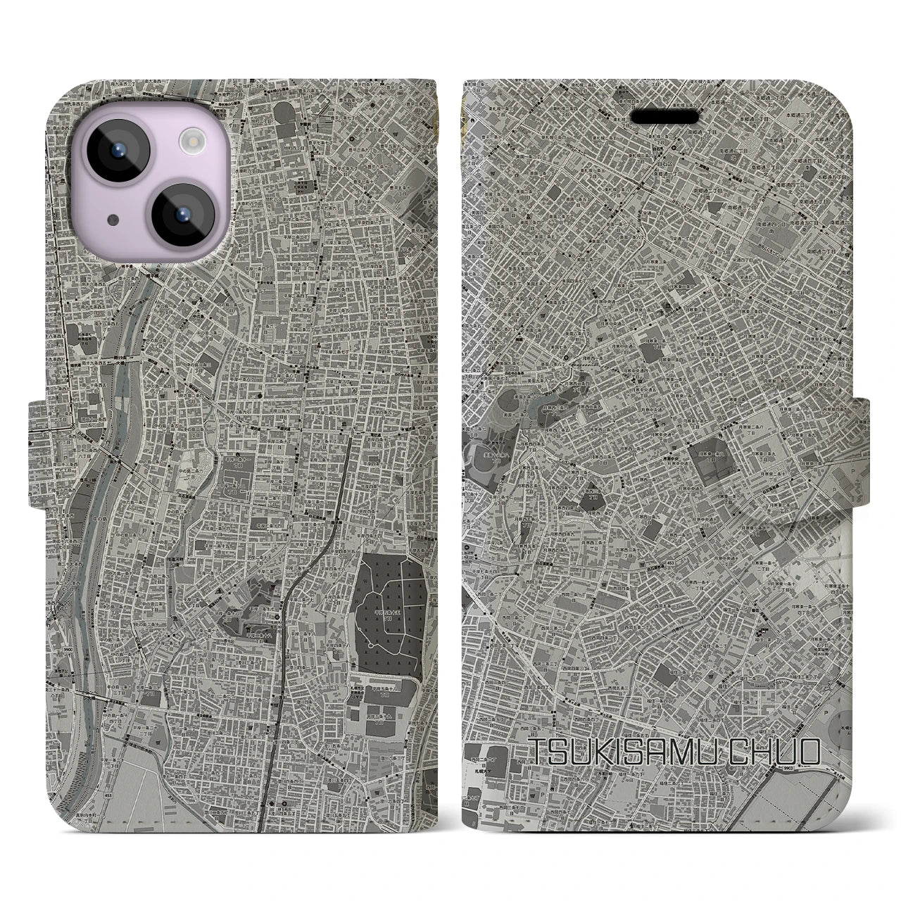 【月寒中央(北海道)】地図柄iPhoneケース(手帳タイプ)モノトーン・iPhone 14 用