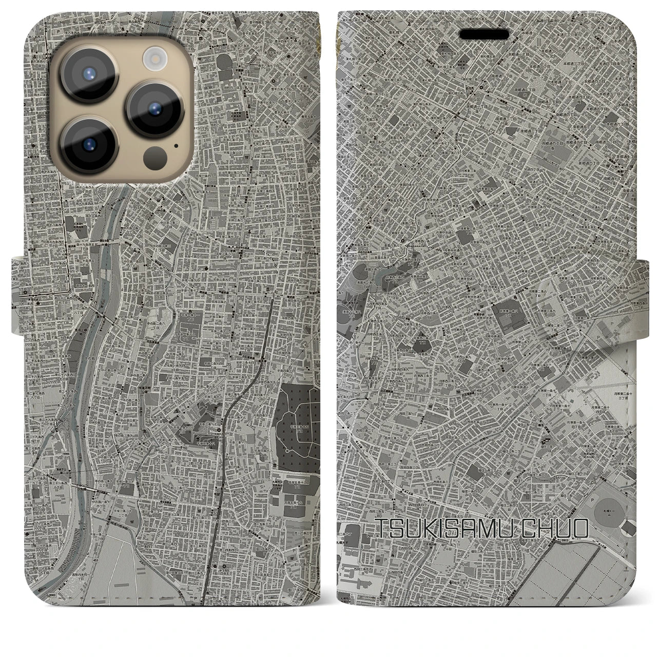 【月寒中央(北海道)】地図柄iPhoneケース(手帳タイプ)モノトーン・iPhone 14 Pro Max 用
