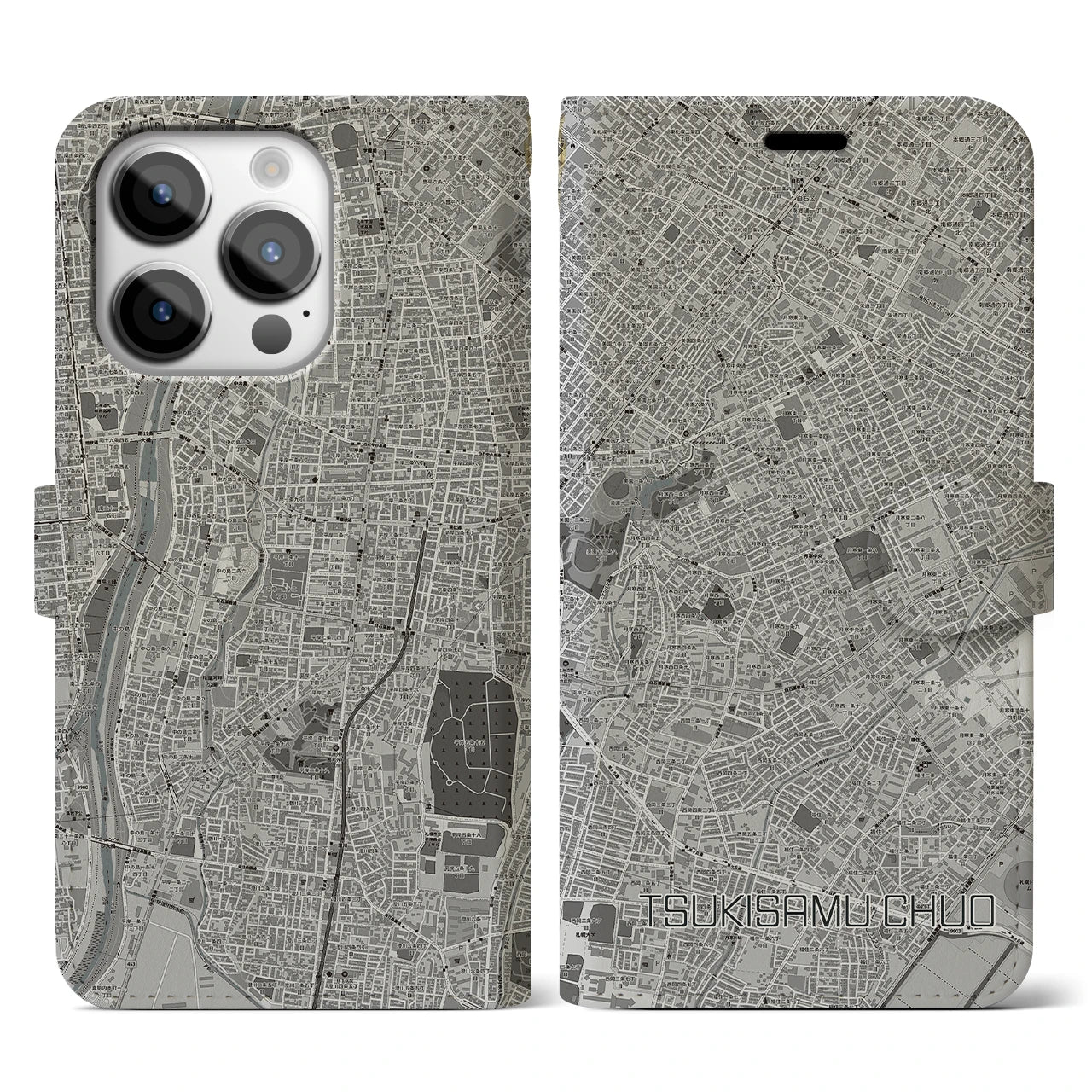 【月寒中央(北海道)】地図柄iPhoneケース(手帳タイプ)モノトーン・iPhone 14 Pro 用