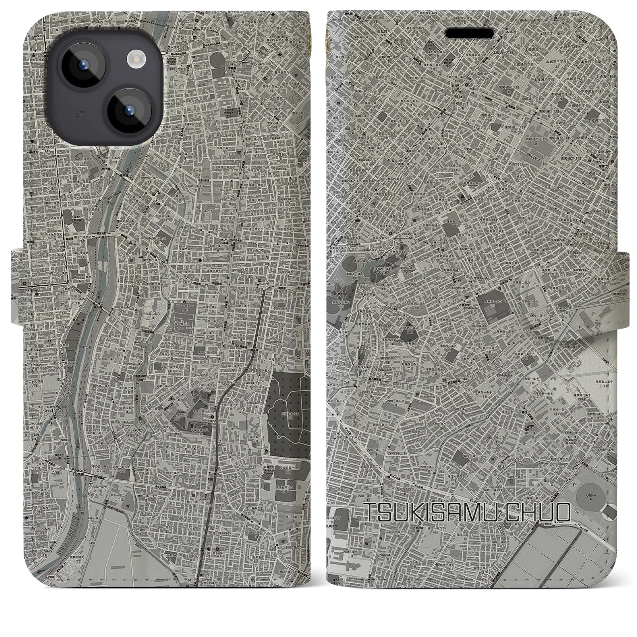【月寒中央(北海道)】地図柄iPhoneケース(手帳タイプ)モノトーン・iPhone 14 Plus 用