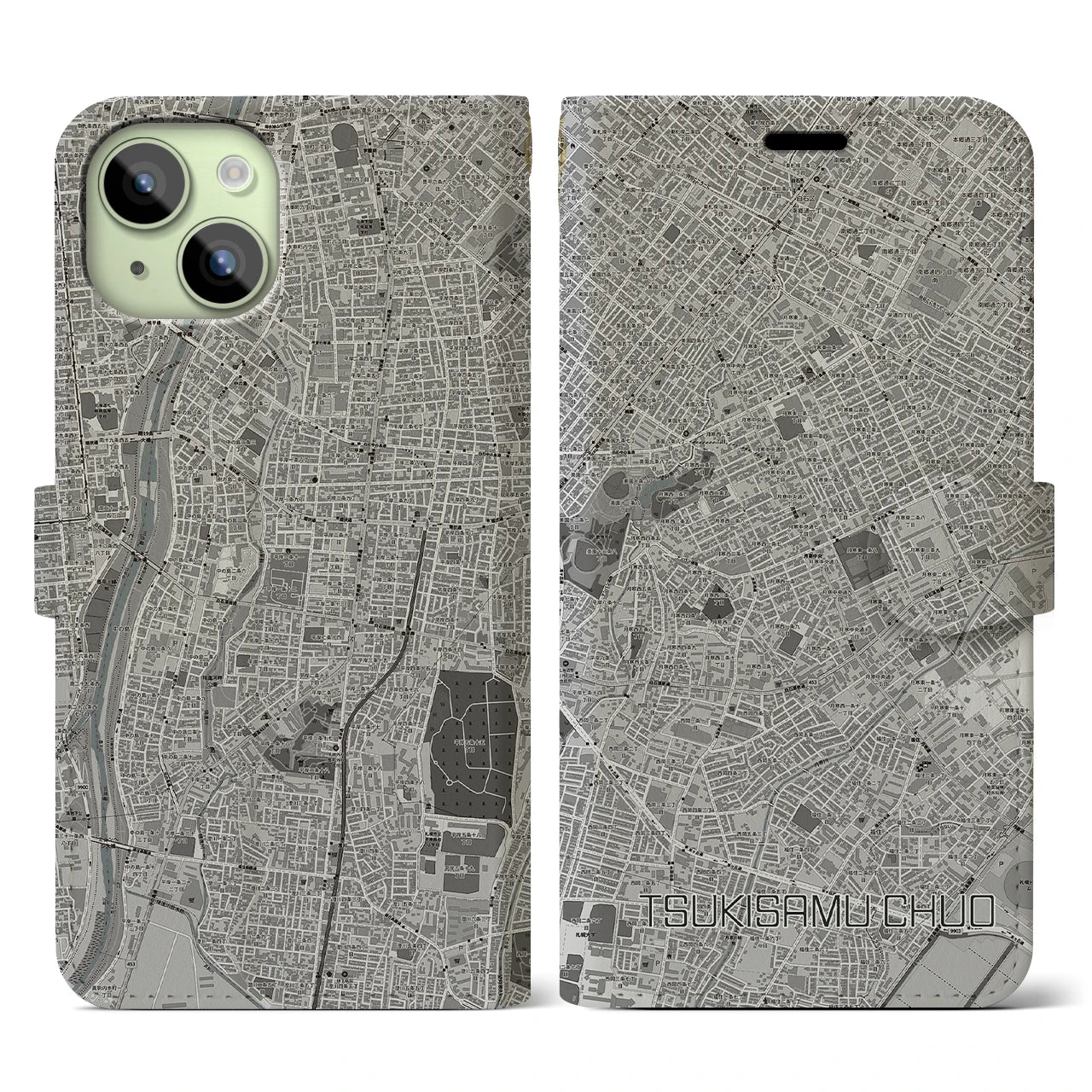 【月寒中央(北海道)】地図柄iPhoneケース(手帳タイプ)モノトーン・iPhone 15 用