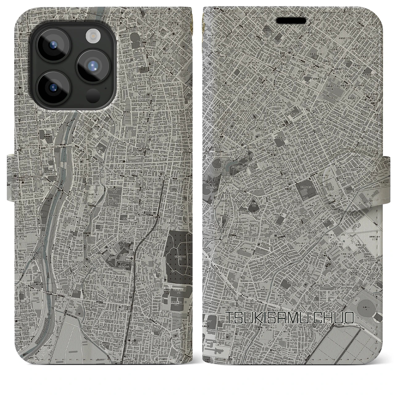 【月寒中央(北海道)】地図柄iPhoneケース(手帳タイプ)モノトーン・iPhone 15 Pro Max 用