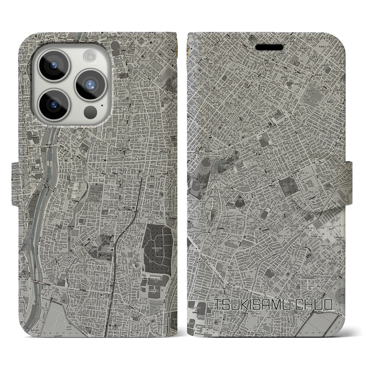 【月寒中央(北海道)】地図柄iPhoneケース(手帳タイプ)モノトーン・iPhone 15 Pro 用