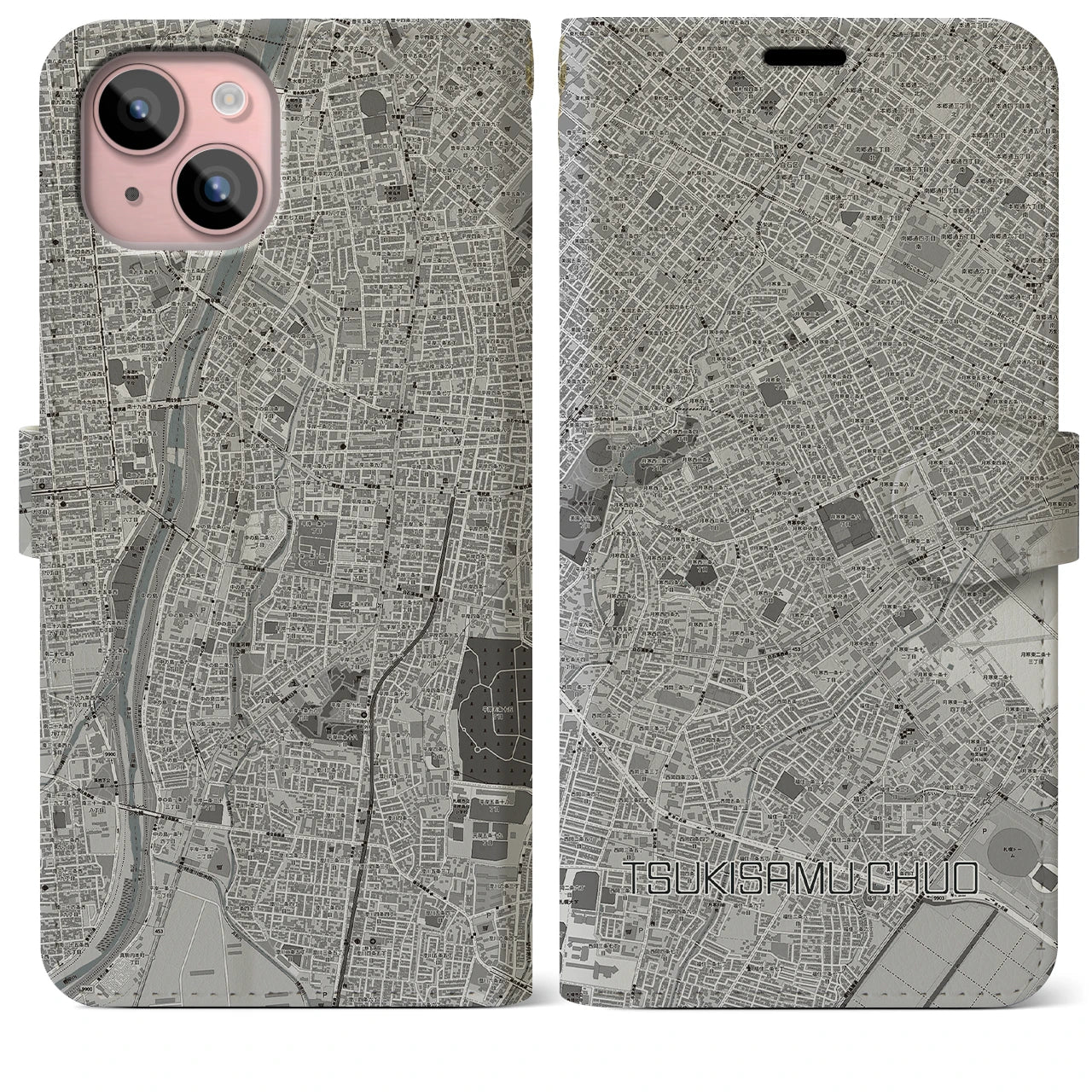 【月寒中央(北海道)】地図柄iPhoneケース(手帳タイプ)モノトーン・iPhone 15 Plus 用