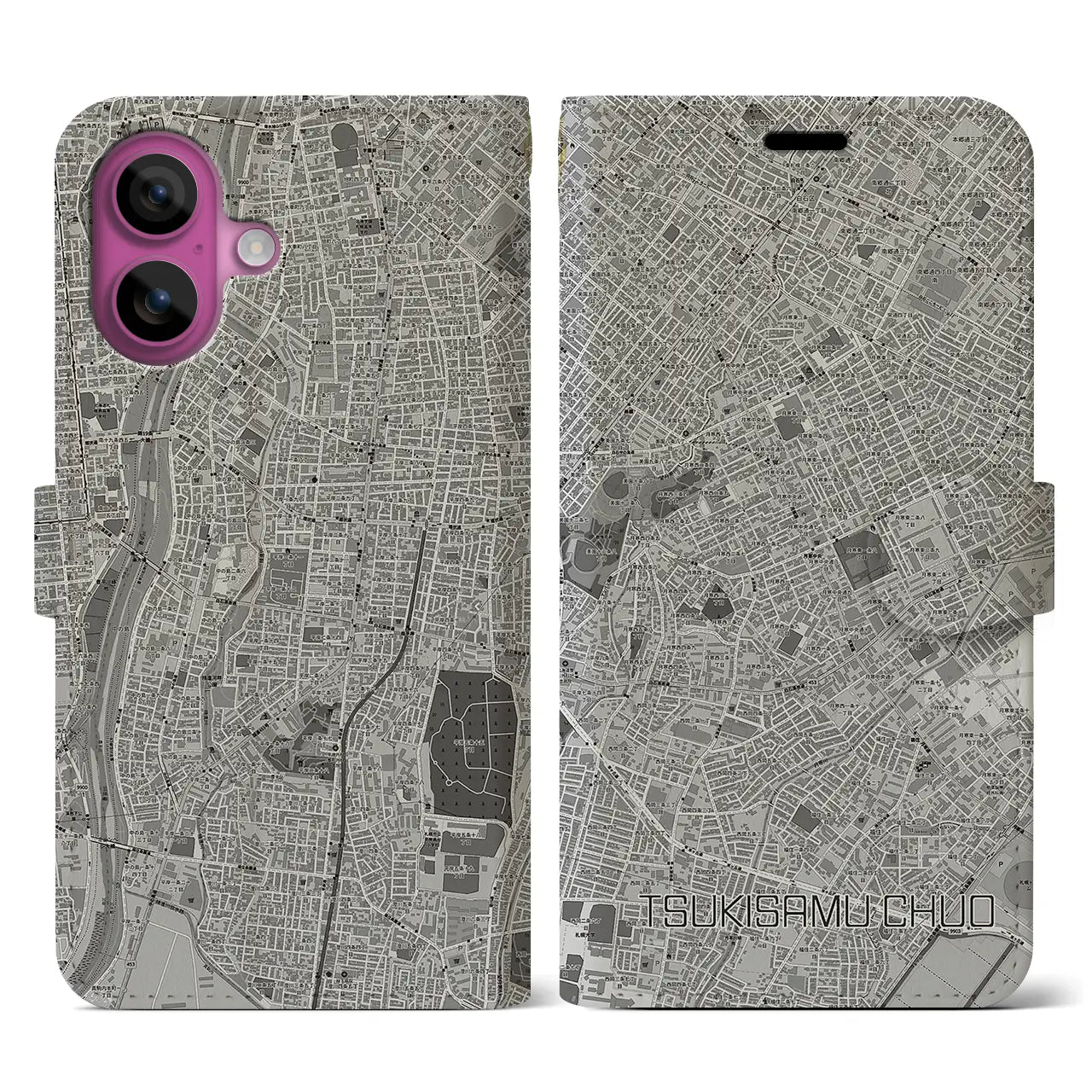 【月寒中央(北海道)】地図柄iPhoneケース(手帳タイプ)モノトーン・iPhone 16 Pro 用