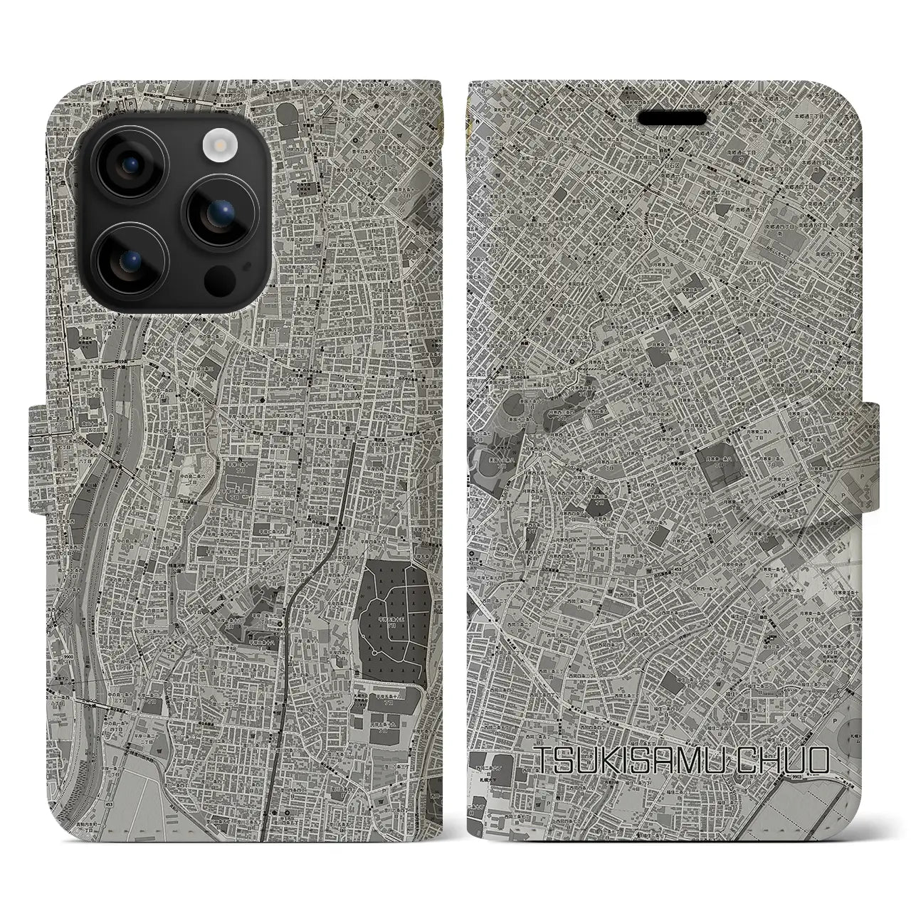 【月寒中央(北海道)】地図柄iPhoneケース(手帳タイプ)モノトーン・iPhone 16 用