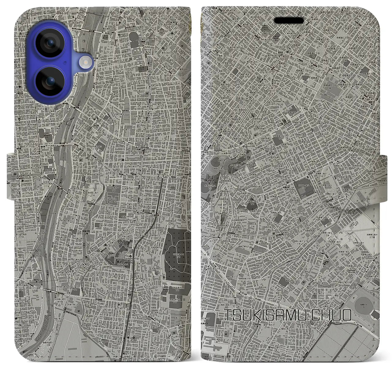 【月寒中央(北海道)】地図柄iPhoneケース(手帳タイプ)モノトーン・iPhone 16 Pro Max 用