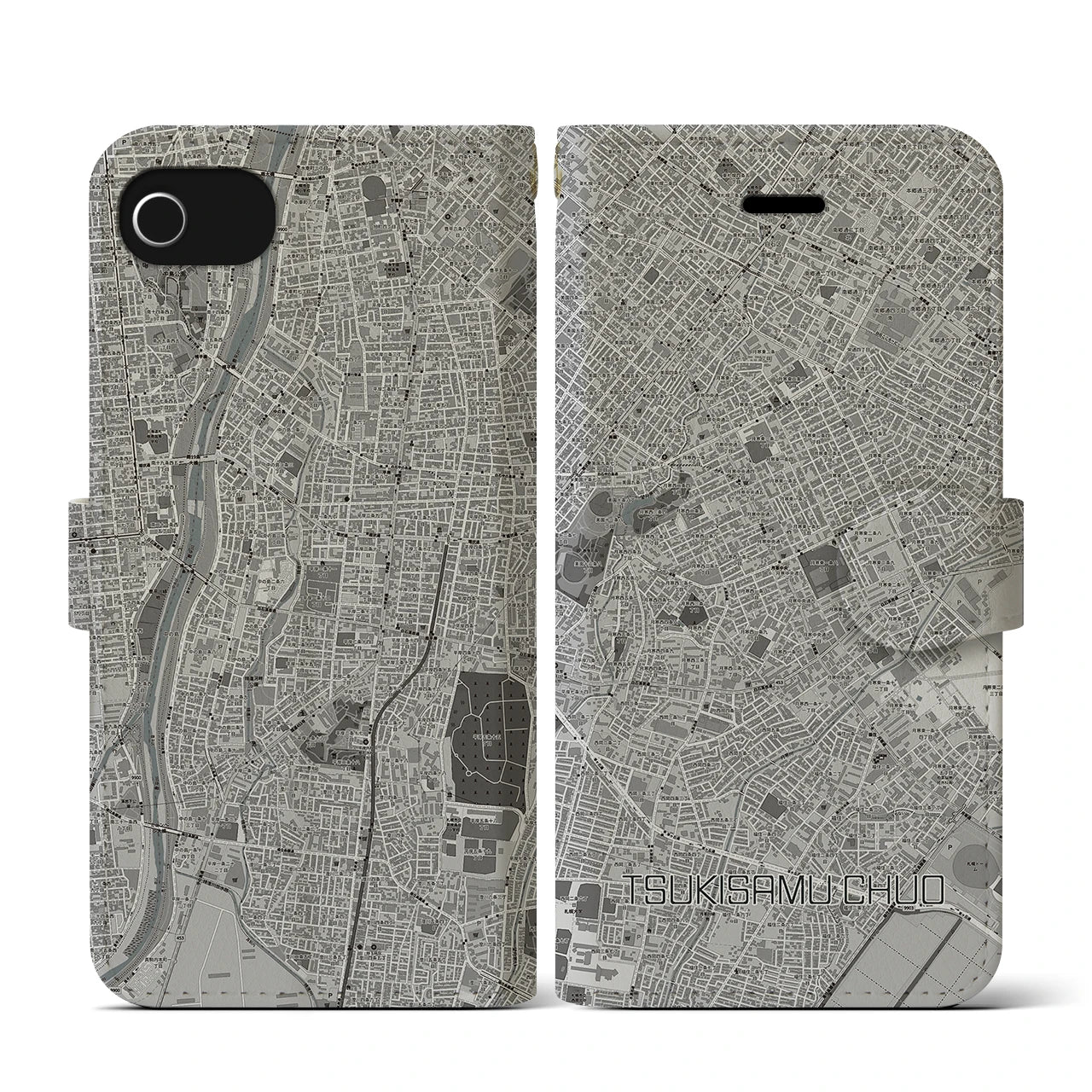 【月寒中央(北海道)】地図柄iPhoneケース(手帳タイプ)モノトーン・iPhone SE(第3 / 第2世代) / 8 / 7 / 6s / 6 用