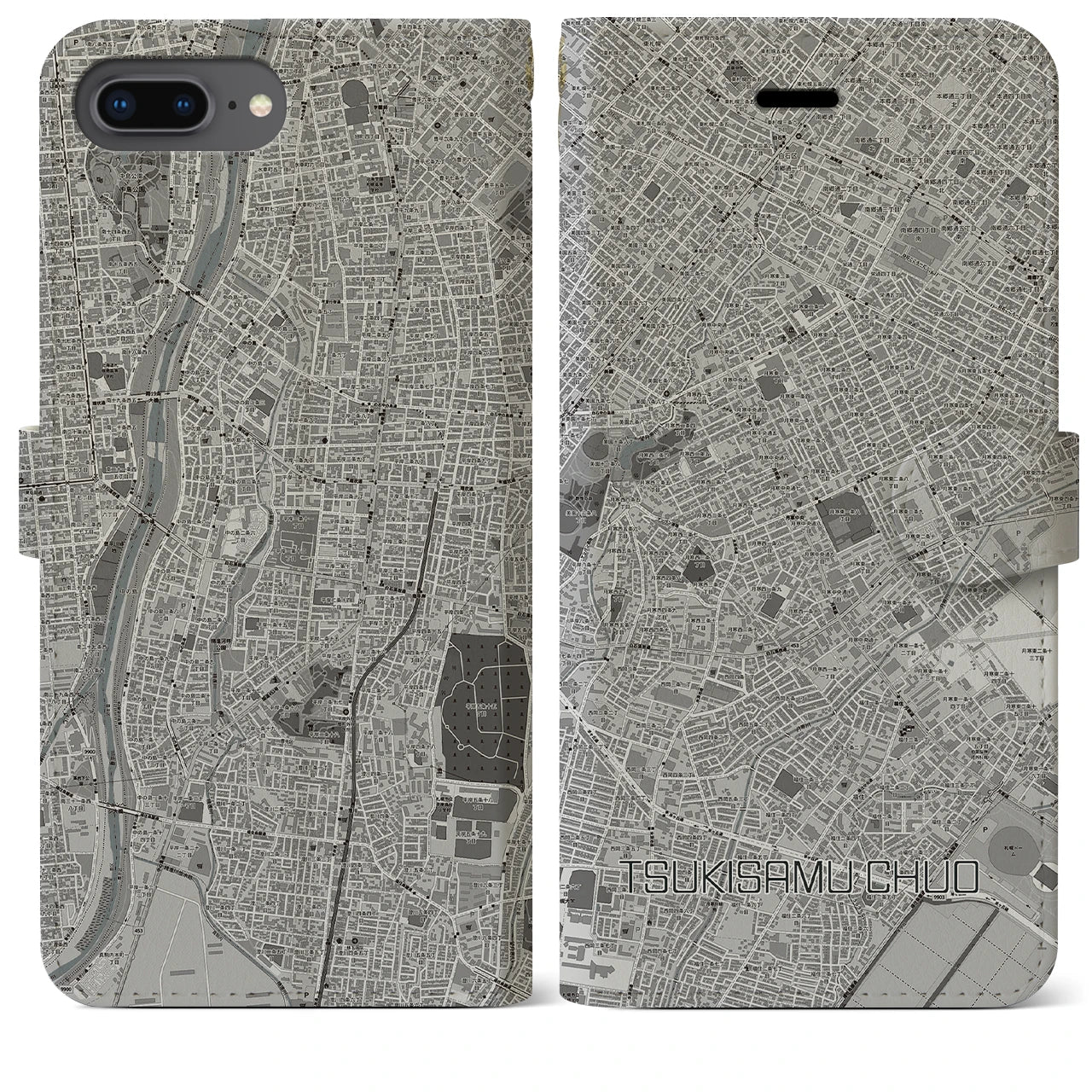【月寒中央(北海道)】地図柄iPhoneケース(手帳タイプ)モノトーン・iPhone 8Plus /7Plus / 6sPlus / 6Plus 用