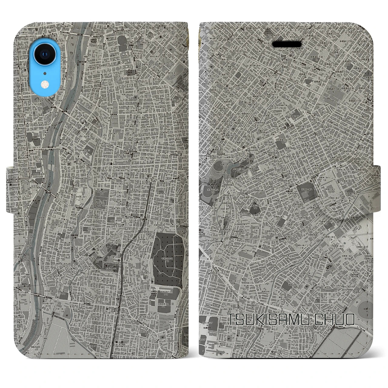 【月寒中央(北海道)】地図柄iPhoneケース(手帳タイプ)モノトーン・iPhone XR 用