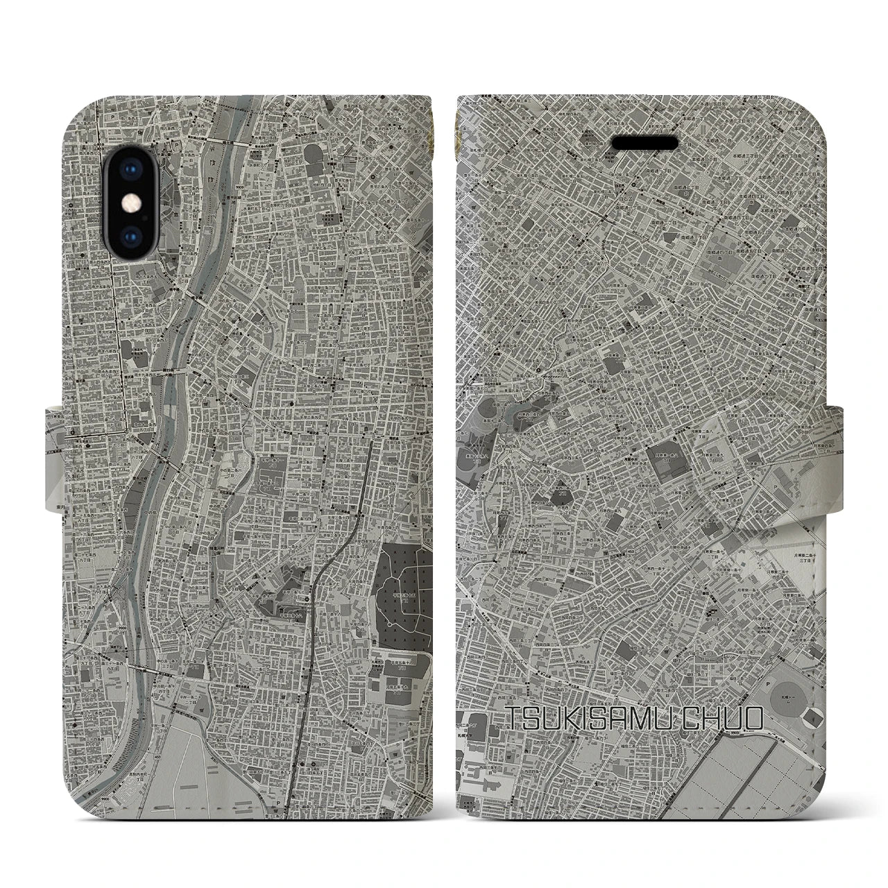 【月寒中央(北海道)】地図柄iPhoneケース(手帳タイプ)モノトーン・iPhone XS / X 用