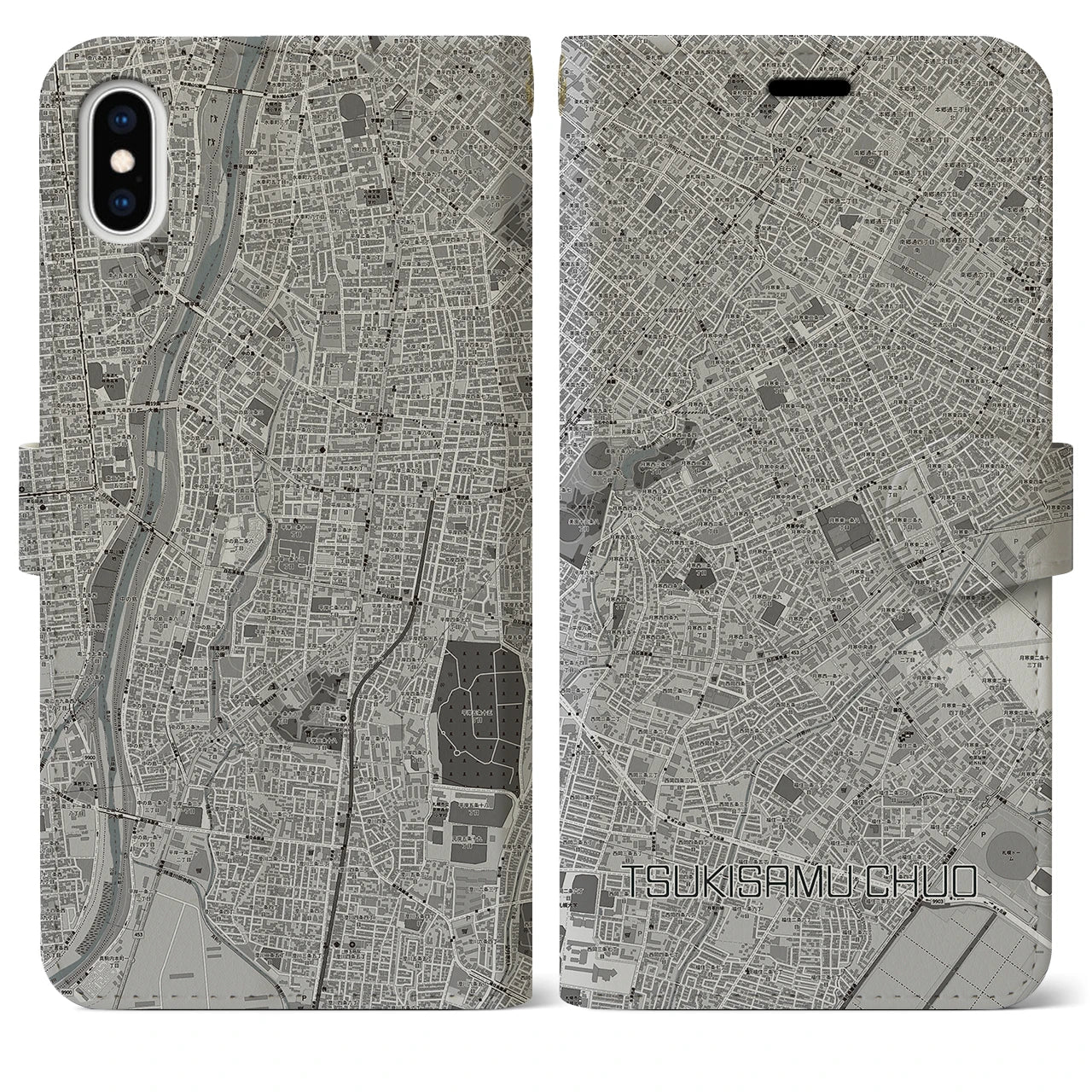 【月寒中央(北海道)】地図柄iPhoneケース(手帳タイプ)モノトーン・iPhone XS Max 用