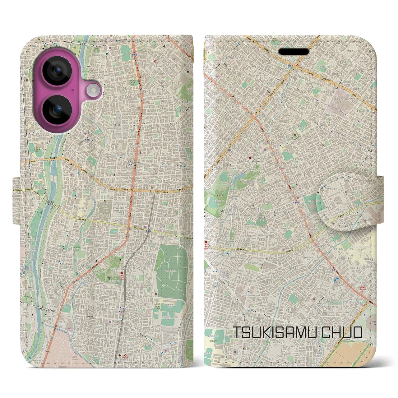 【月寒中央(北海道)】地図柄iPhoneケース(手帳タイプ)ナチュラル・iPhone 16 Pro 用
