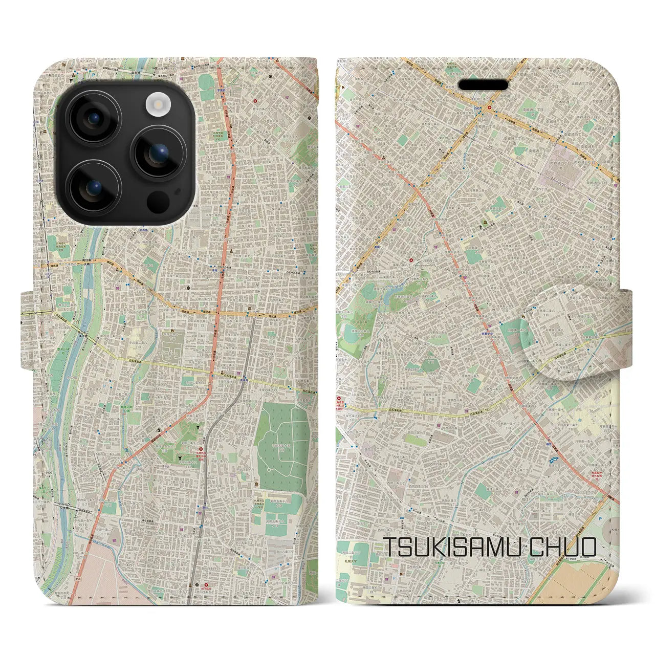 【月寒中央(北海道)】地図柄iPhoneケース(手帳タイプ)ナチュラル・iPhone 16 用