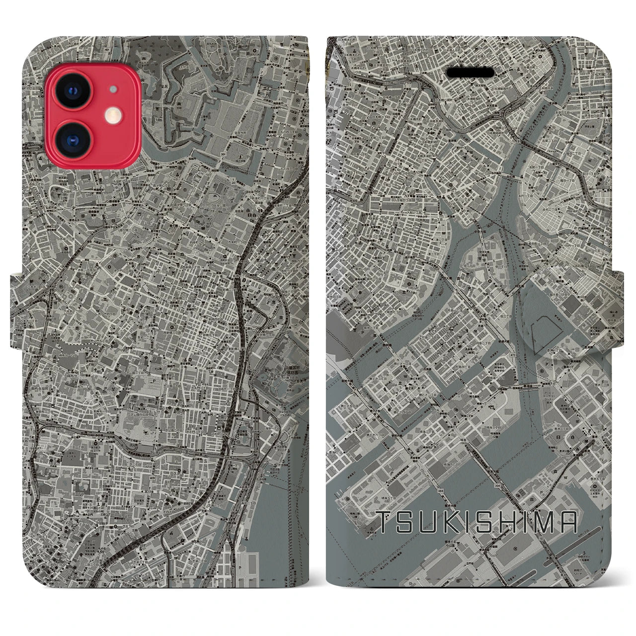 【月島(東京都)】地図柄iPhoneケース(手帳タイプ)モノトーン・iPhone 11 用