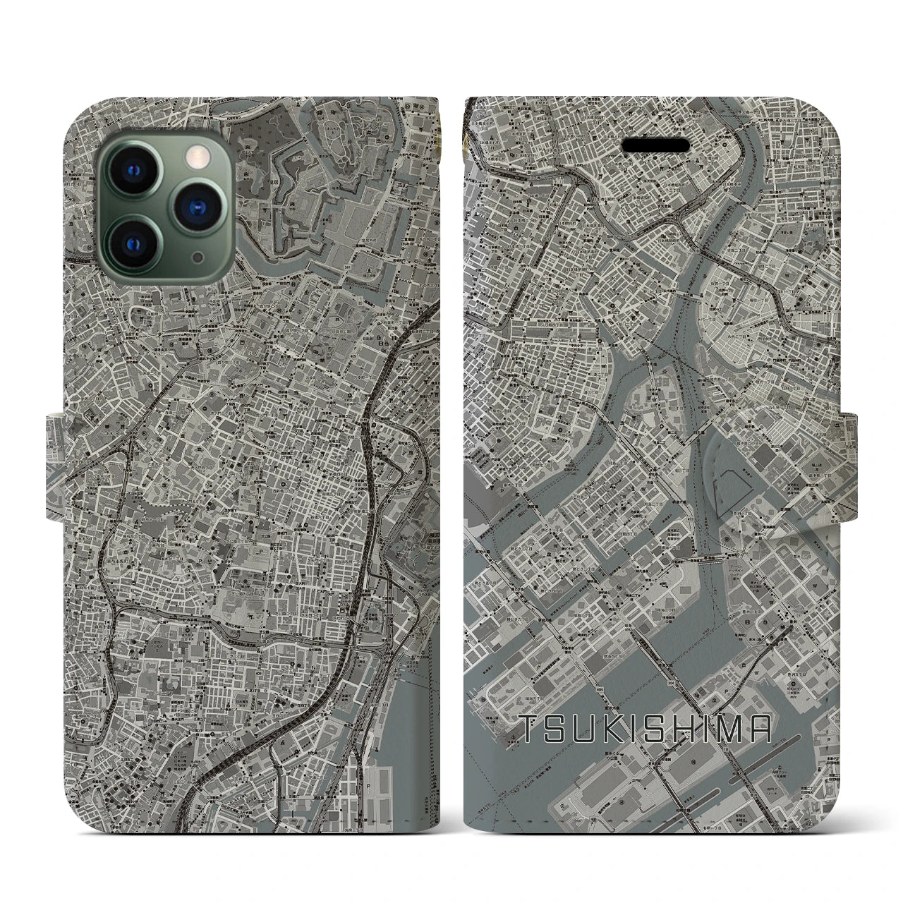 【月島(東京都)】地図柄iPhoneケース(手帳タイプ)モノトーン・iPhone 11 Pro 用