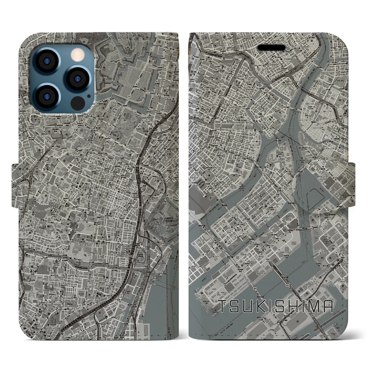 【月島(東京都)】地図柄iPhoneケース(手帳タイプ)モノトーン・iPhone 12 / 12 Pro 用