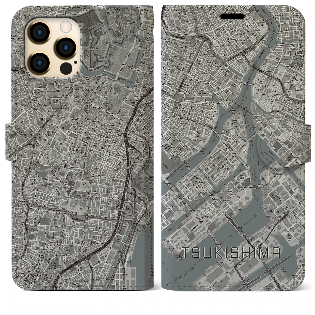 【月島(東京都)】地図柄iPhoneケース(手帳タイプ)モノトーン・iPhone 12 Pro Max 用