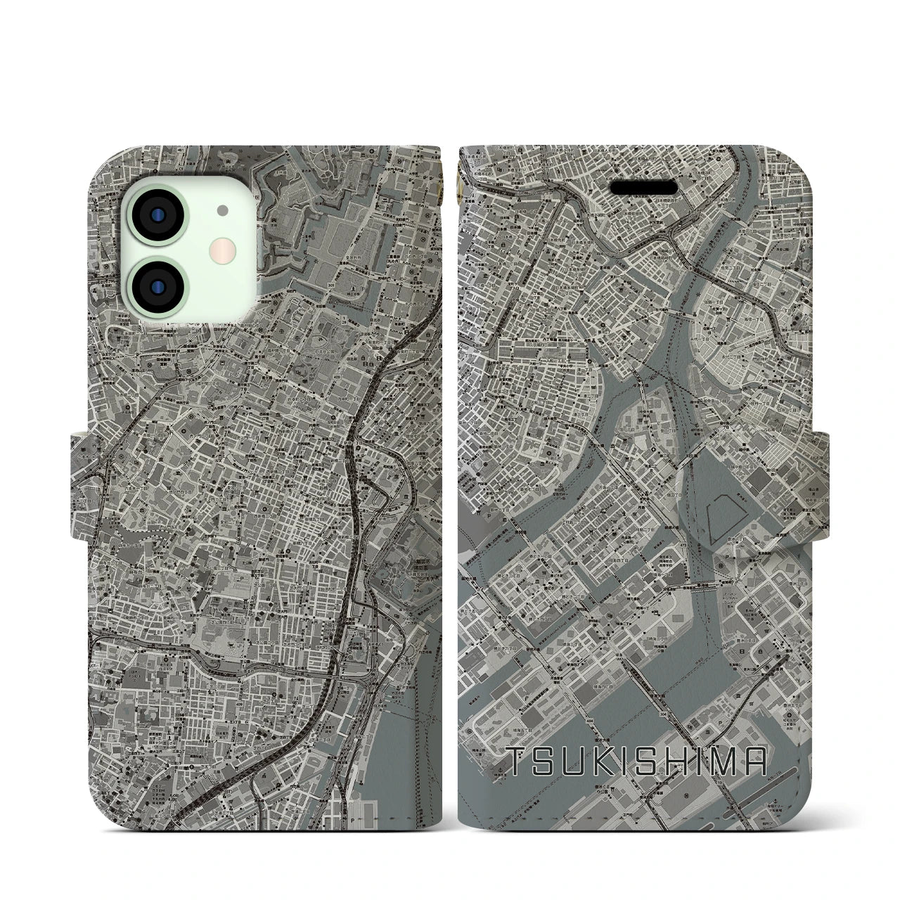 【月島(東京都)】地図柄iPhoneケース(手帳タイプ)モノトーン・iPhone 12 mini 用