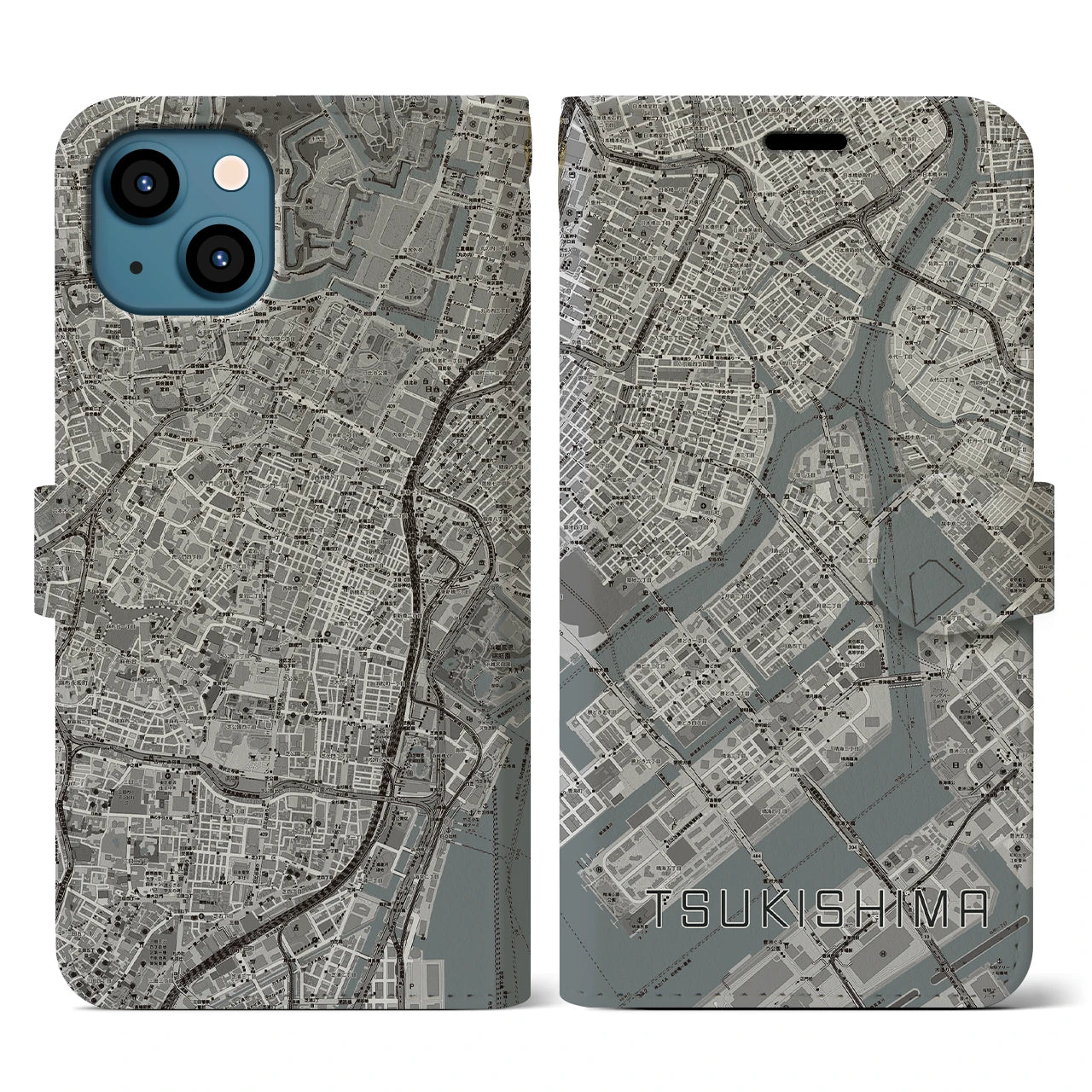 【月島(東京都)】地図柄iPhoneケース(手帳タイプ)モノトーン・iPhone 13 用