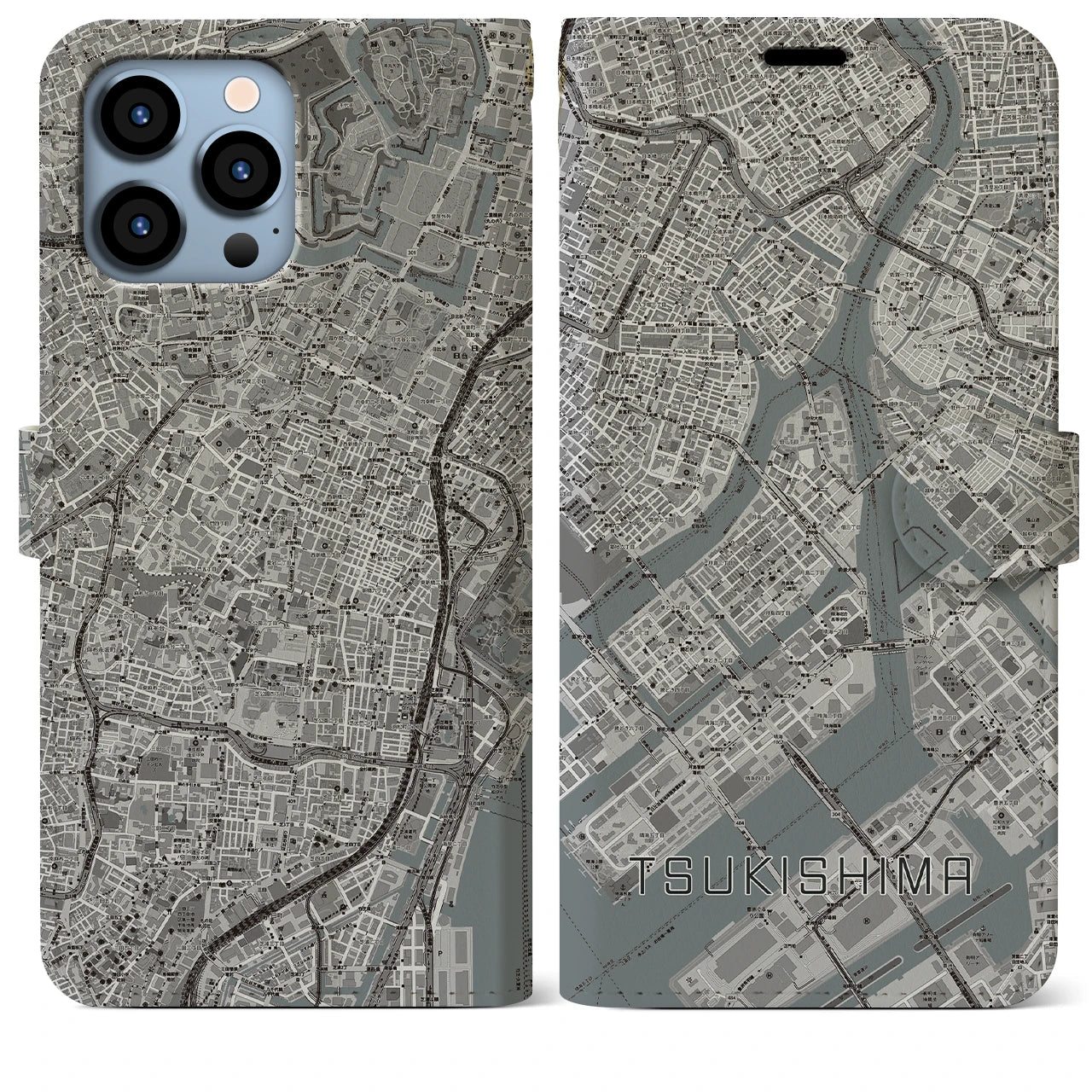 【月島(東京都)】地図柄iPhoneケース(手帳タイプ)モノトーン・iPhone 13 Pro Max 用