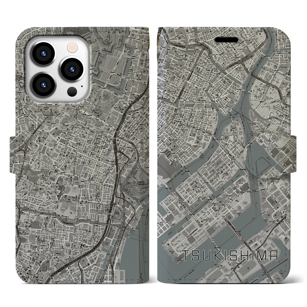 【月島(東京都)】地図柄iPhoneケース(手帳タイプ)モノトーン・iPhone 13 Pro 用