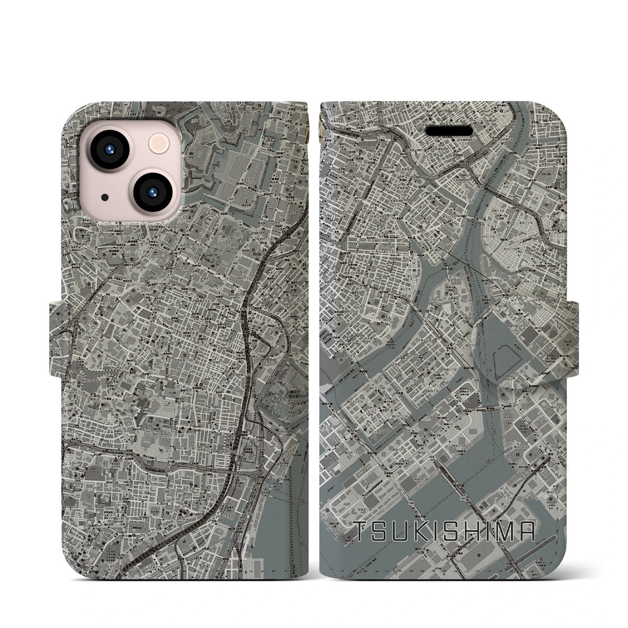 【月島(東京都)】地図柄iPhoneケース(手帳タイプ)モノトーン・iPhone 13 mini 用