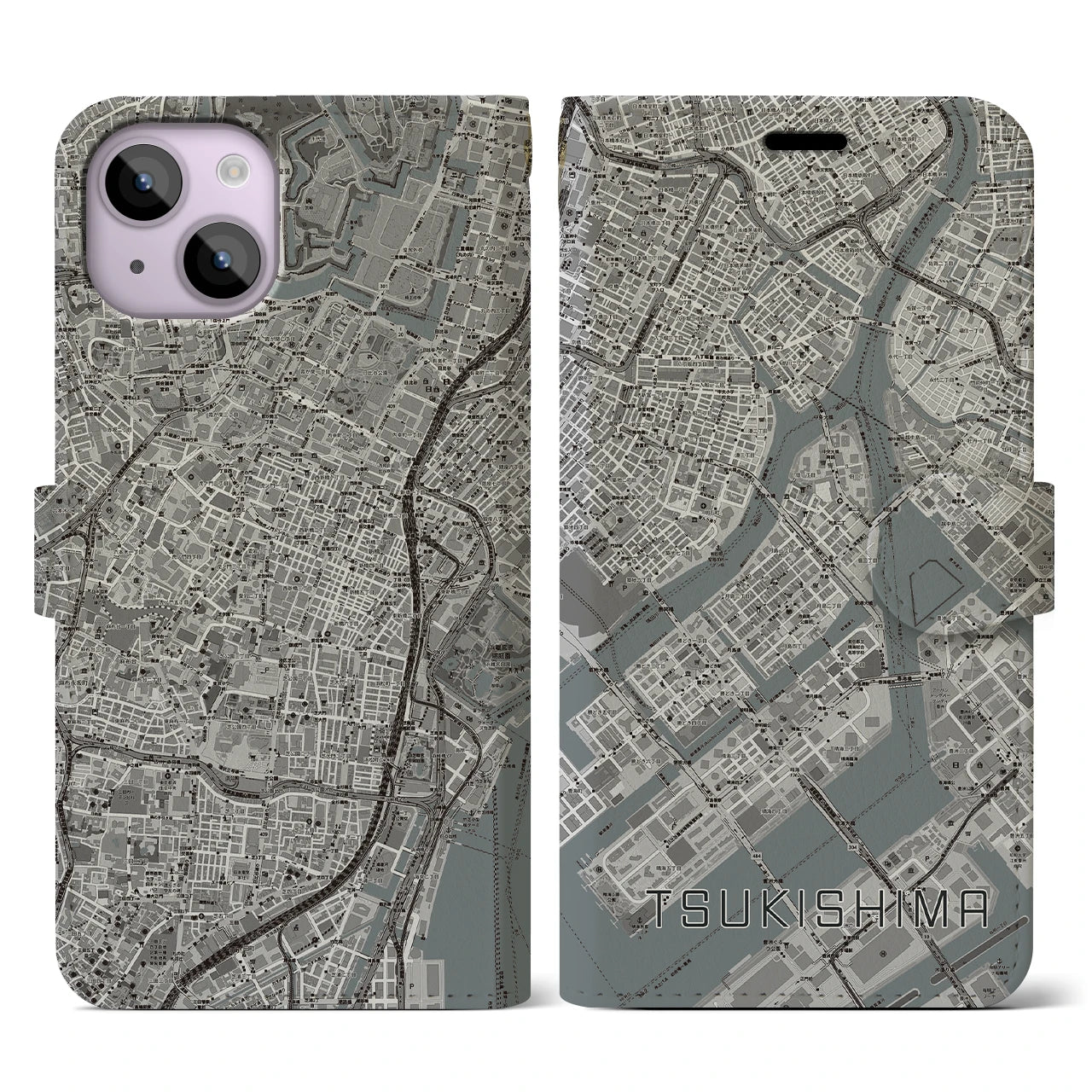 【月島(東京都)】地図柄iPhoneケース(手帳タイプ)モノトーン・iPhone 14 用