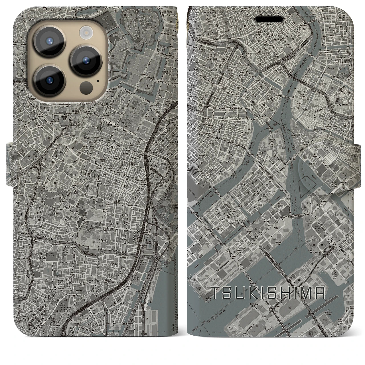 【月島(東京都)】地図柄iPhoneケース(手帳タイプ)モノトーン・iPhone 14 Pro Max 用